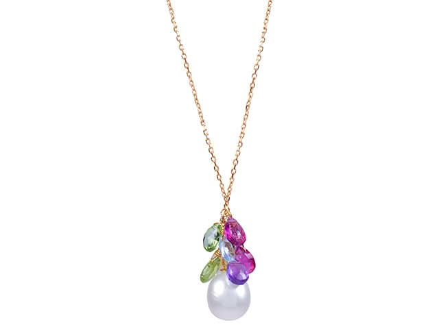 14k White Freshwater Pearl, Peridot, Blue Topaz, Pink Tourmaline, and Amethyst Necklace 20" (14k wire)