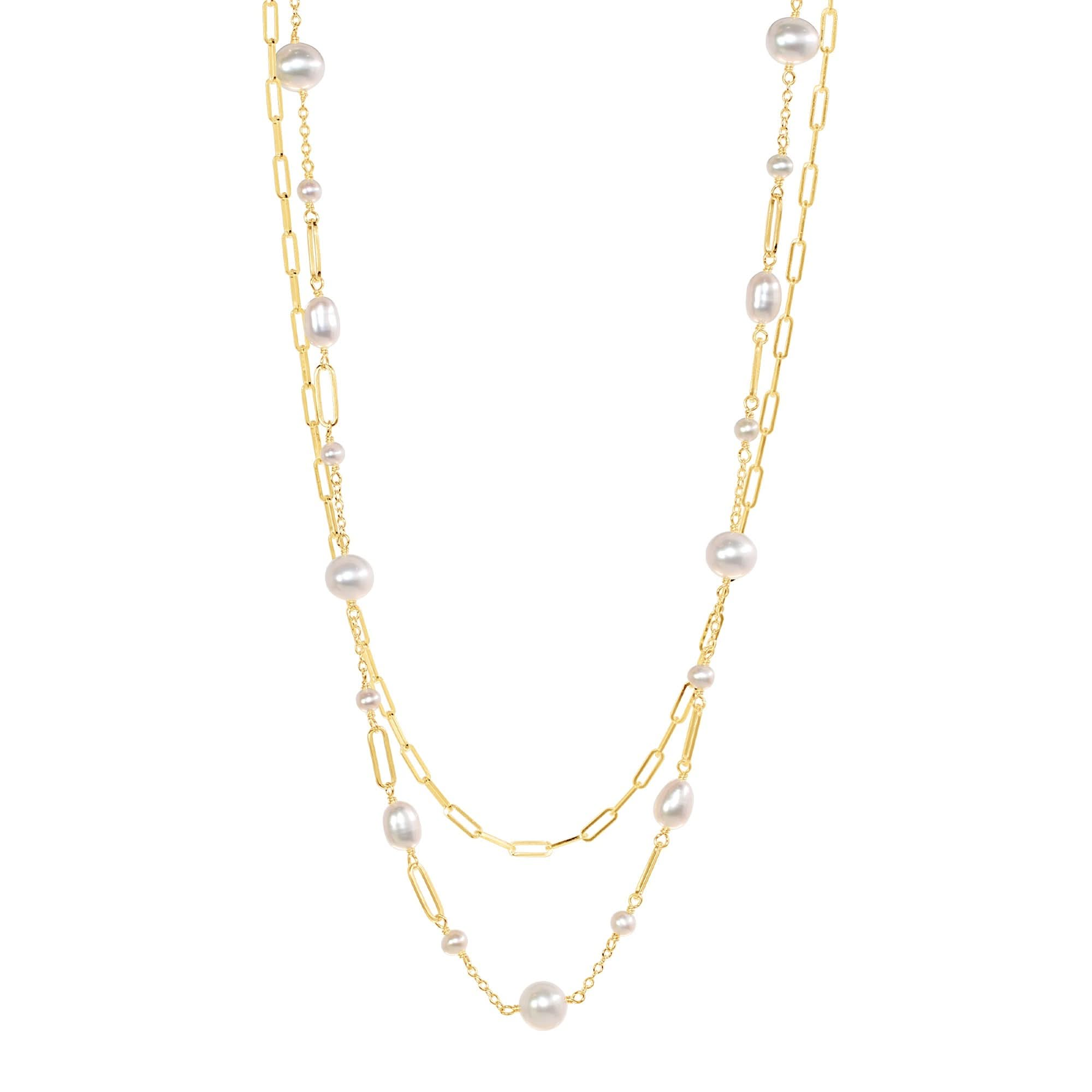 14k White Freshwater Pearl Paperclip 2 Row Necklace 18"/19.5"