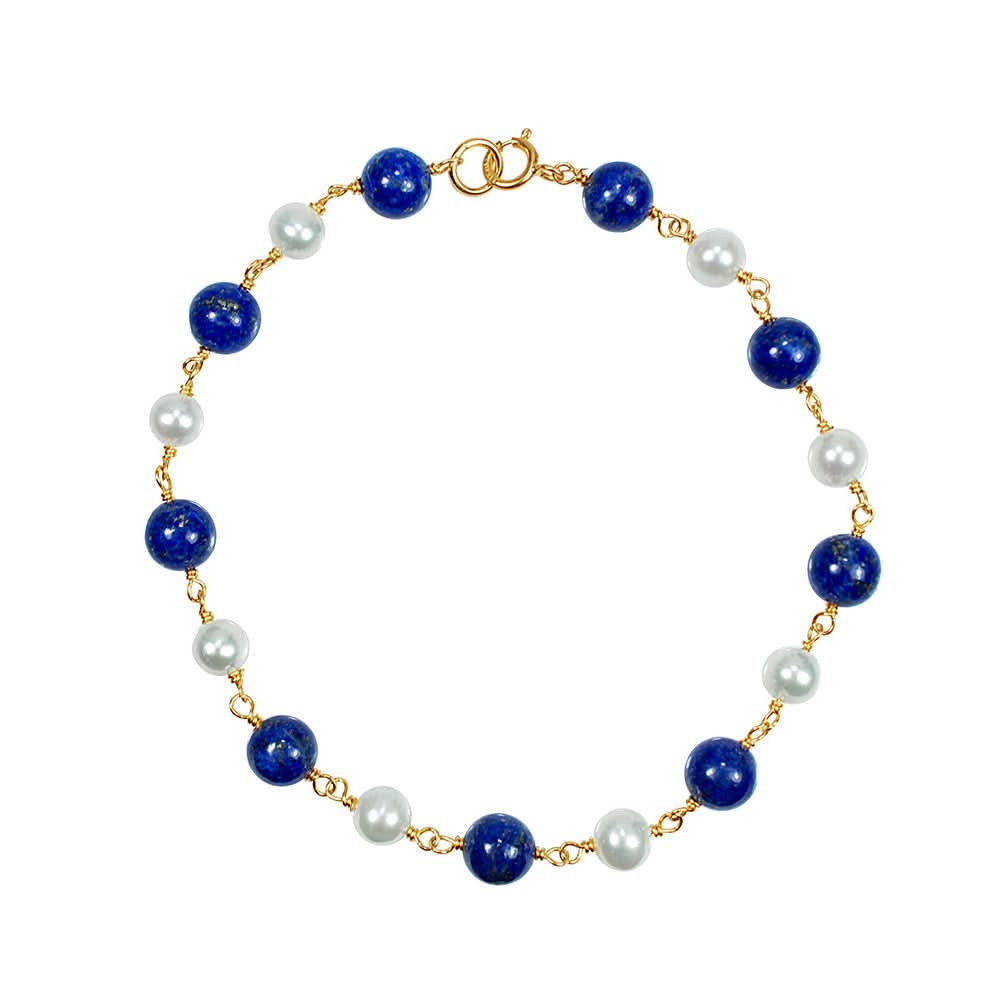 14k White Freshwater Pearl Lapis Link Bracelet 6-8"