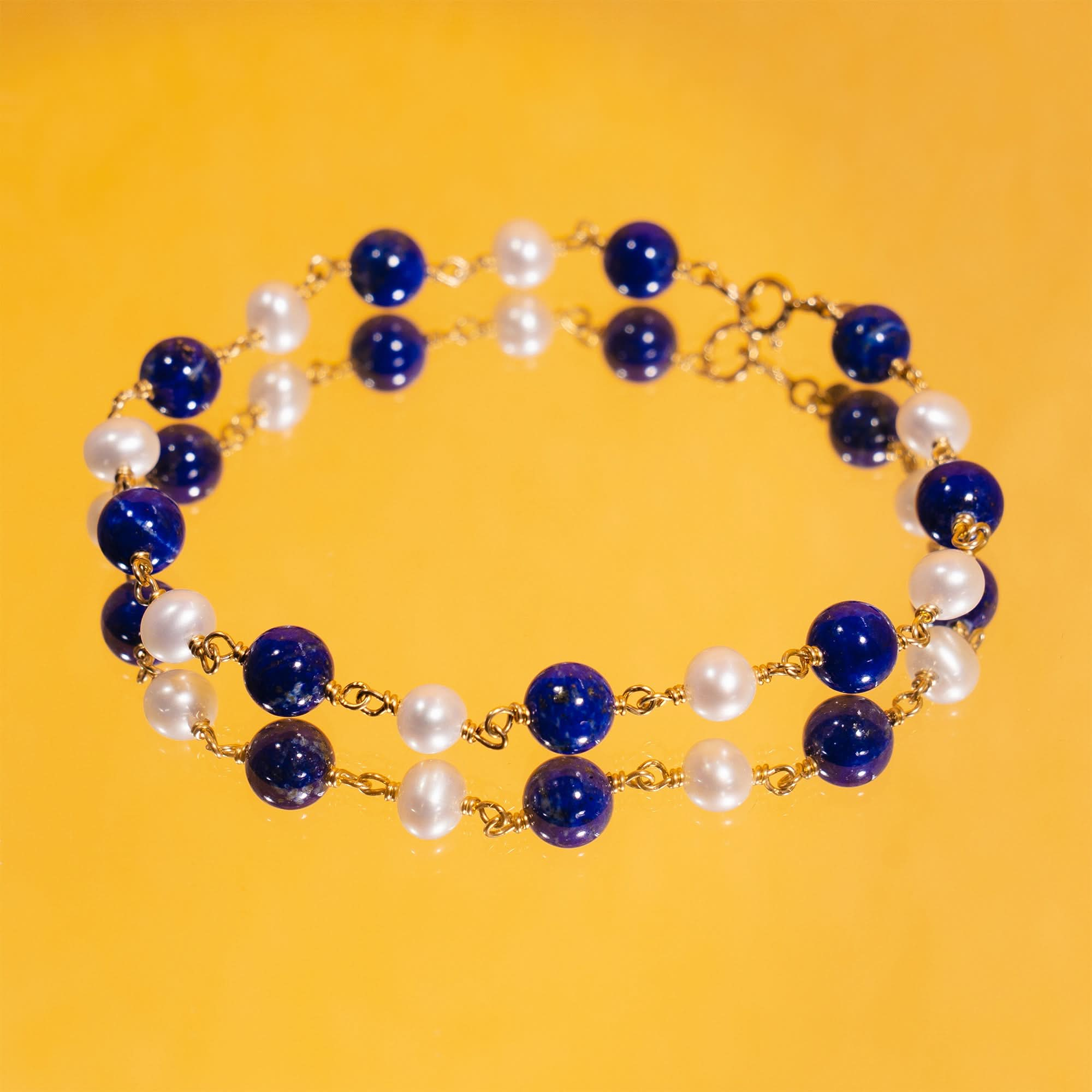 14k White Freshwater Pearl Lapis Link Bracelet 6-8"