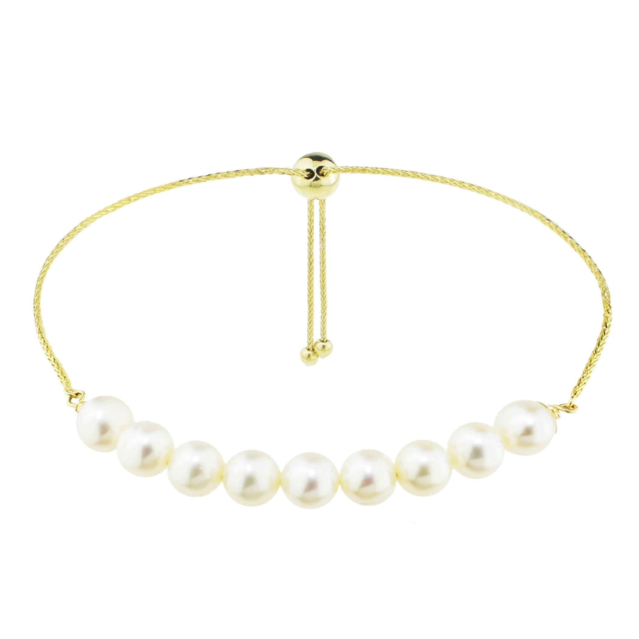 14k White Freshwater Pearl Curved Bar Adjustable Bracelet 10.5"