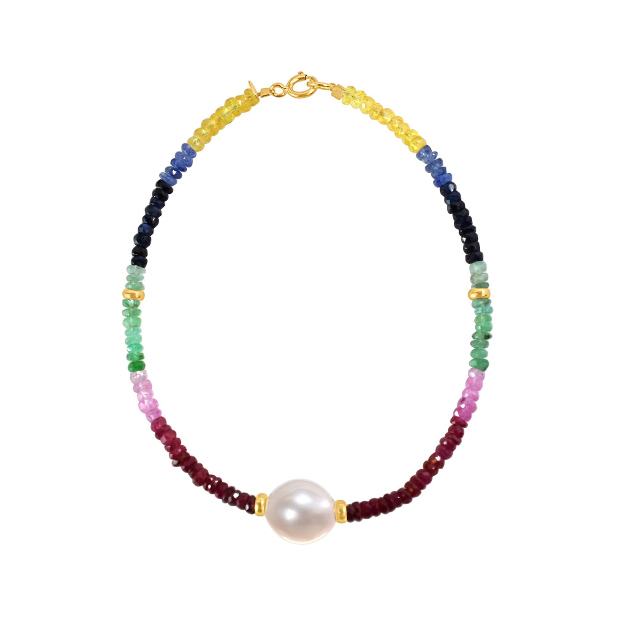 14k Multi Gemstone White Freshwater Pearl Bracelet 7.5"