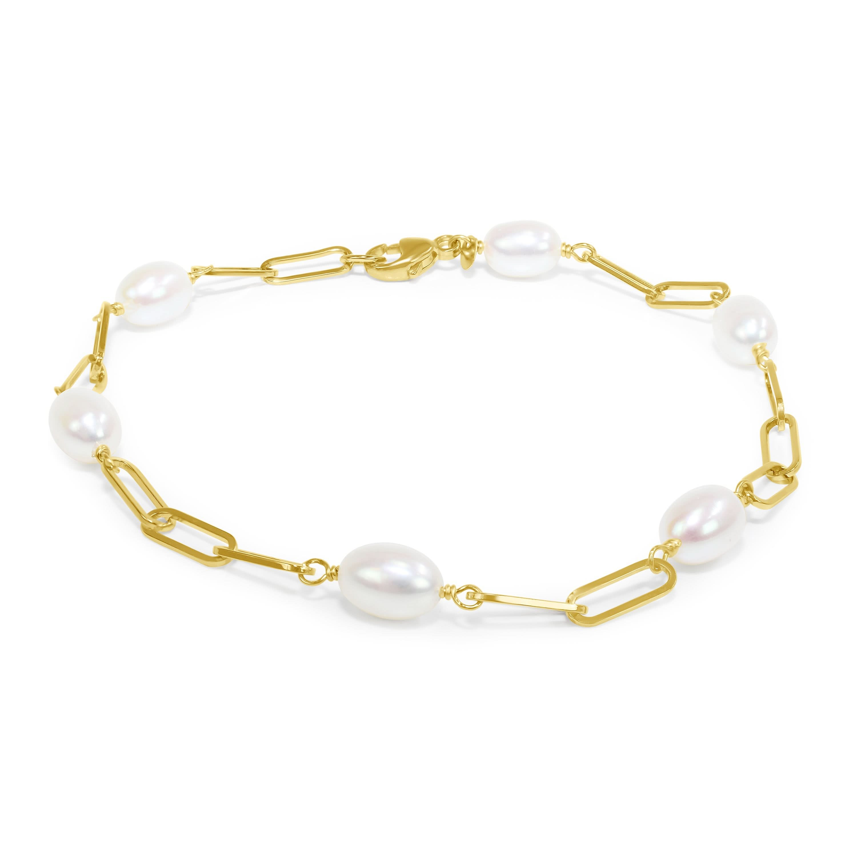 14k White Freshwater Pearl Paperclip Station Bracelet 7.5"