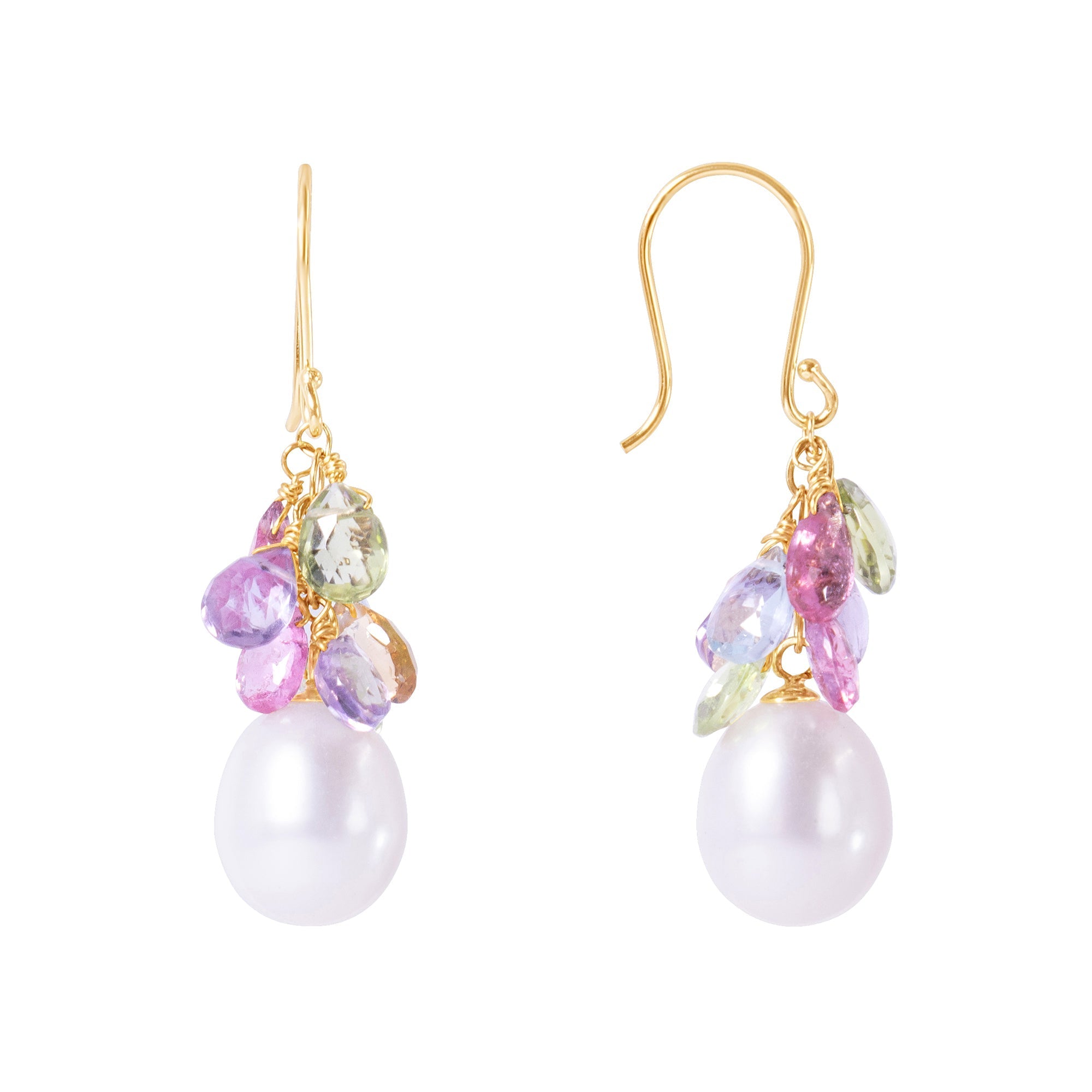 14k White Freshwater Pearl, Peridot, Blue Topaz, Pink Tourmaline, and Amethyst Dangle Earring - chicjewelry4u.com
