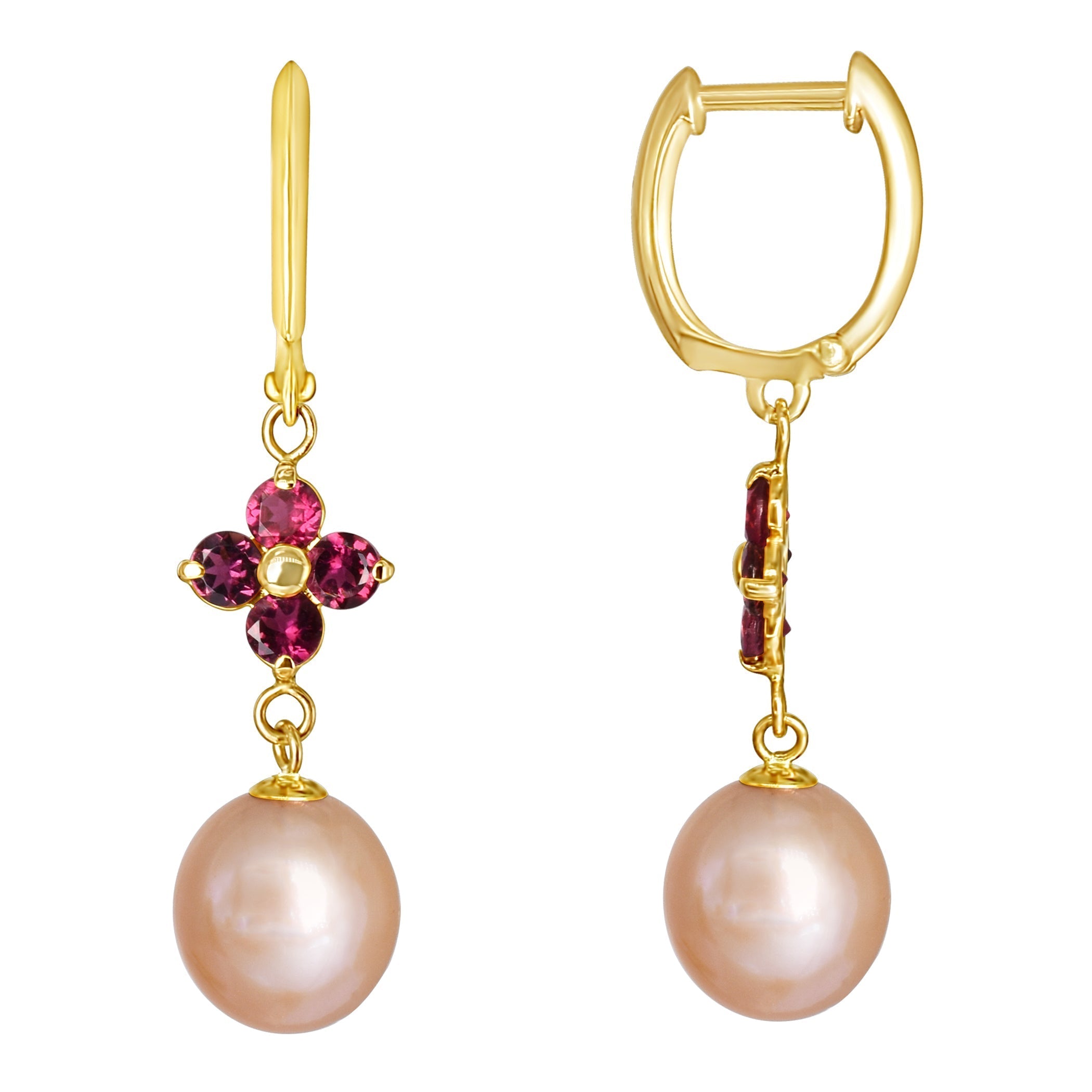 14k Pink Freshwater Pearl and Pink Tourmaline Huggie Hoop Dangle Earring - chicjewelry4u.com