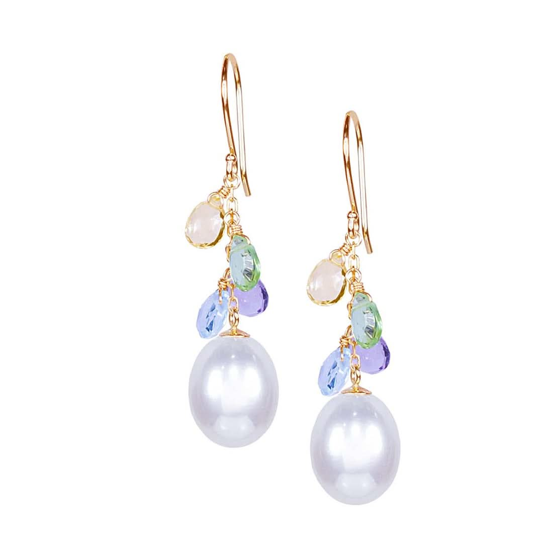 14k White Freshwater Pearl Citrine, Blue Topaz, Peridot, Amethyst Hook Drop Earring