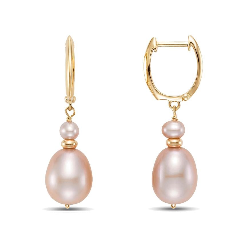 14k Pink Freshwater Pearls Gold Roundel Huggie Hoop with 14k Wire Earrings - chicjewelry4u.com