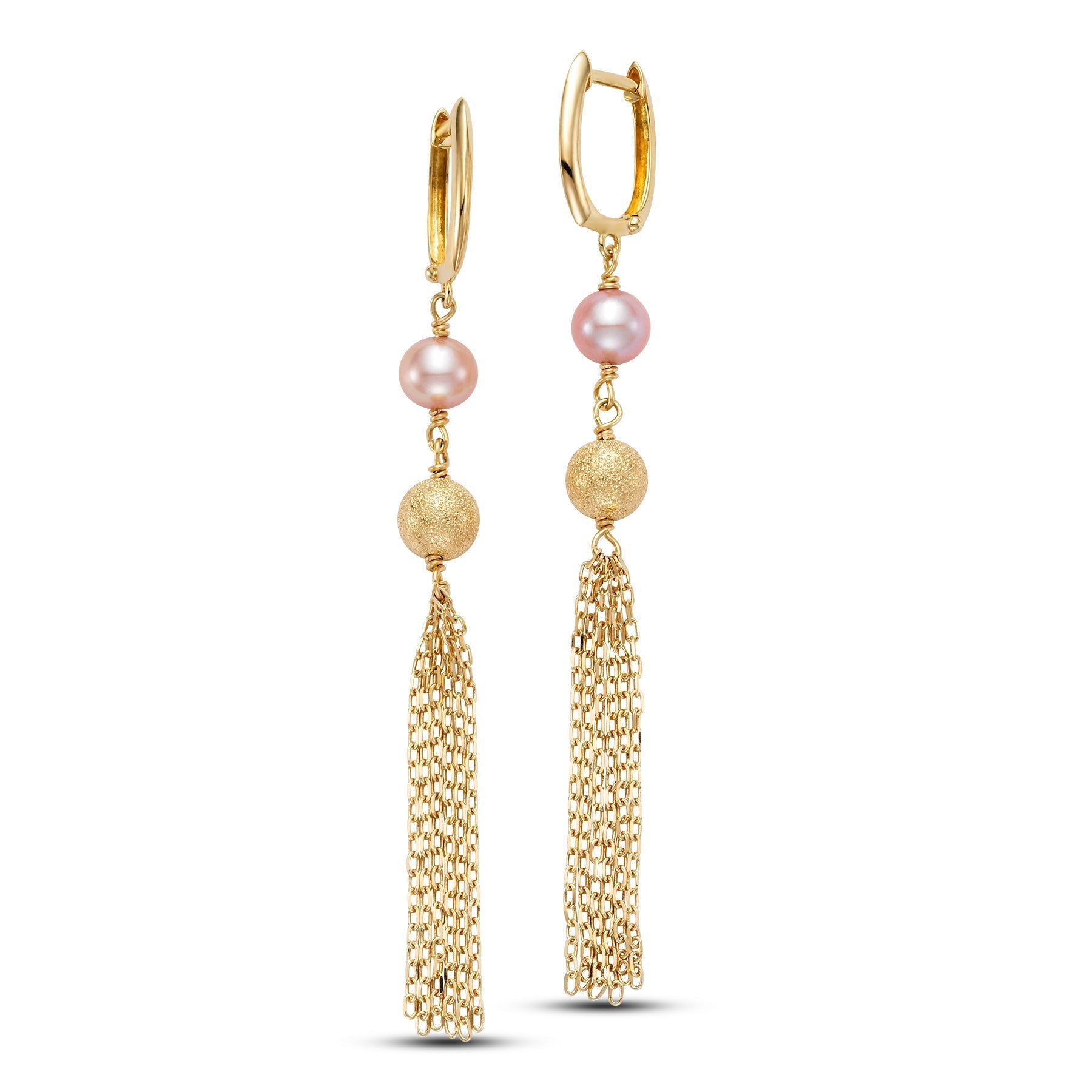 14k Pink or White Freshwater Pearl Gold Fringe Huggie Hoop Dangle Earrings - chicjewelry4u.com