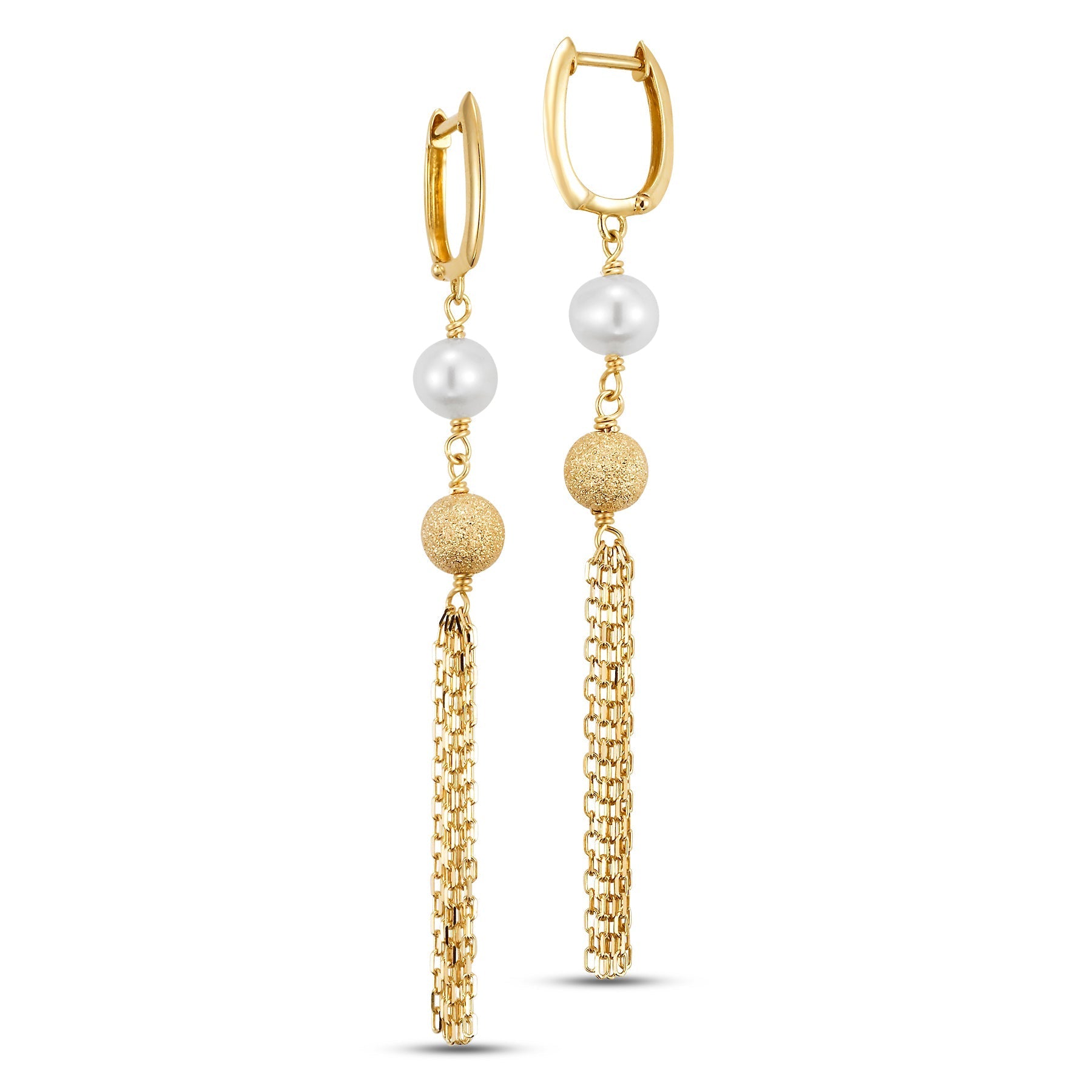 14k Pink or White Freshwater Pearl Gold Fringe Huggie Hoop Dangle Earrings