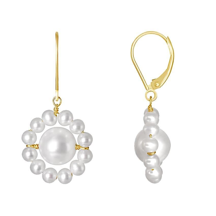 14k White Freshwater Pearl Flower Drop Leverback Earrings