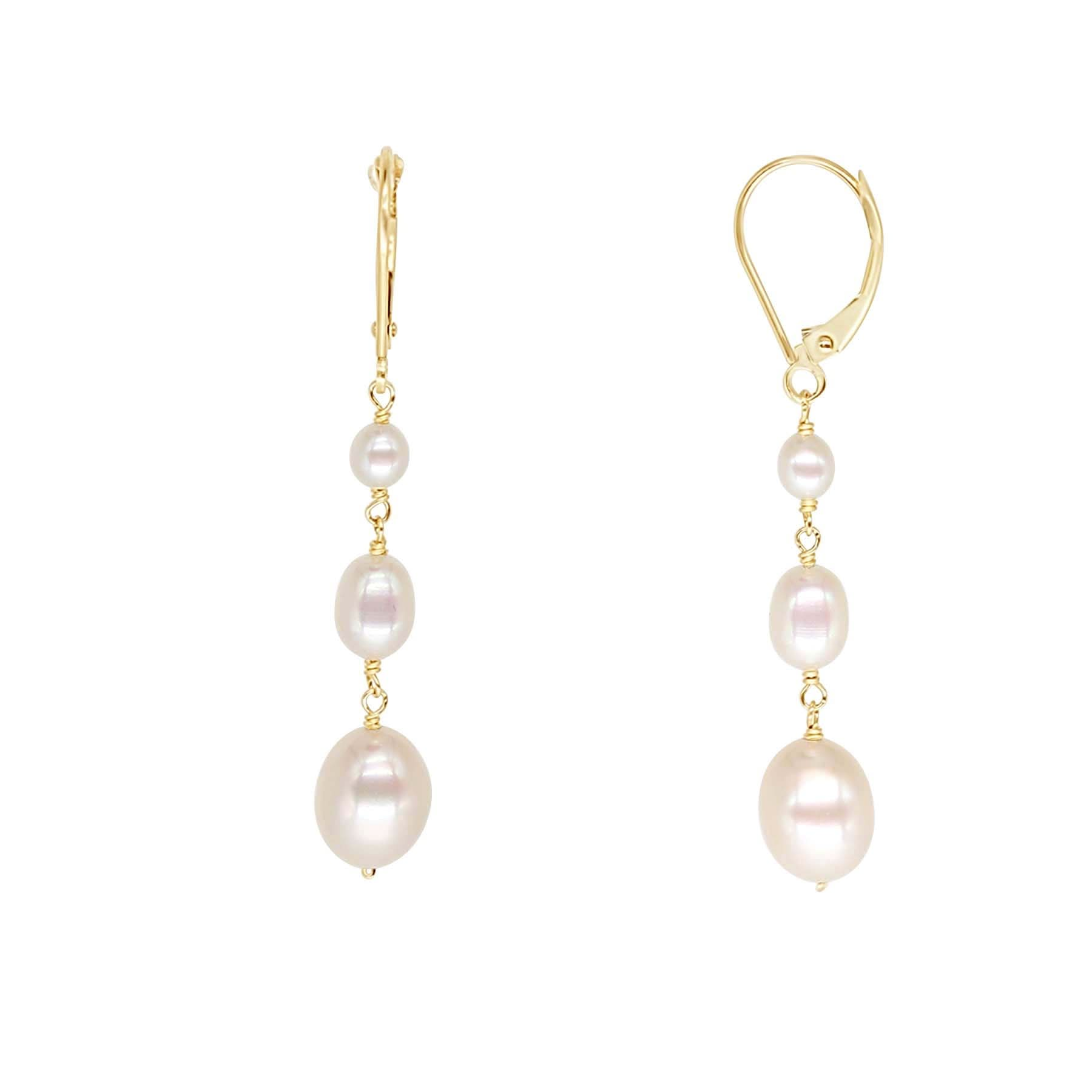 14k White Freshwater Pearl Triple Drop Leverback Earring