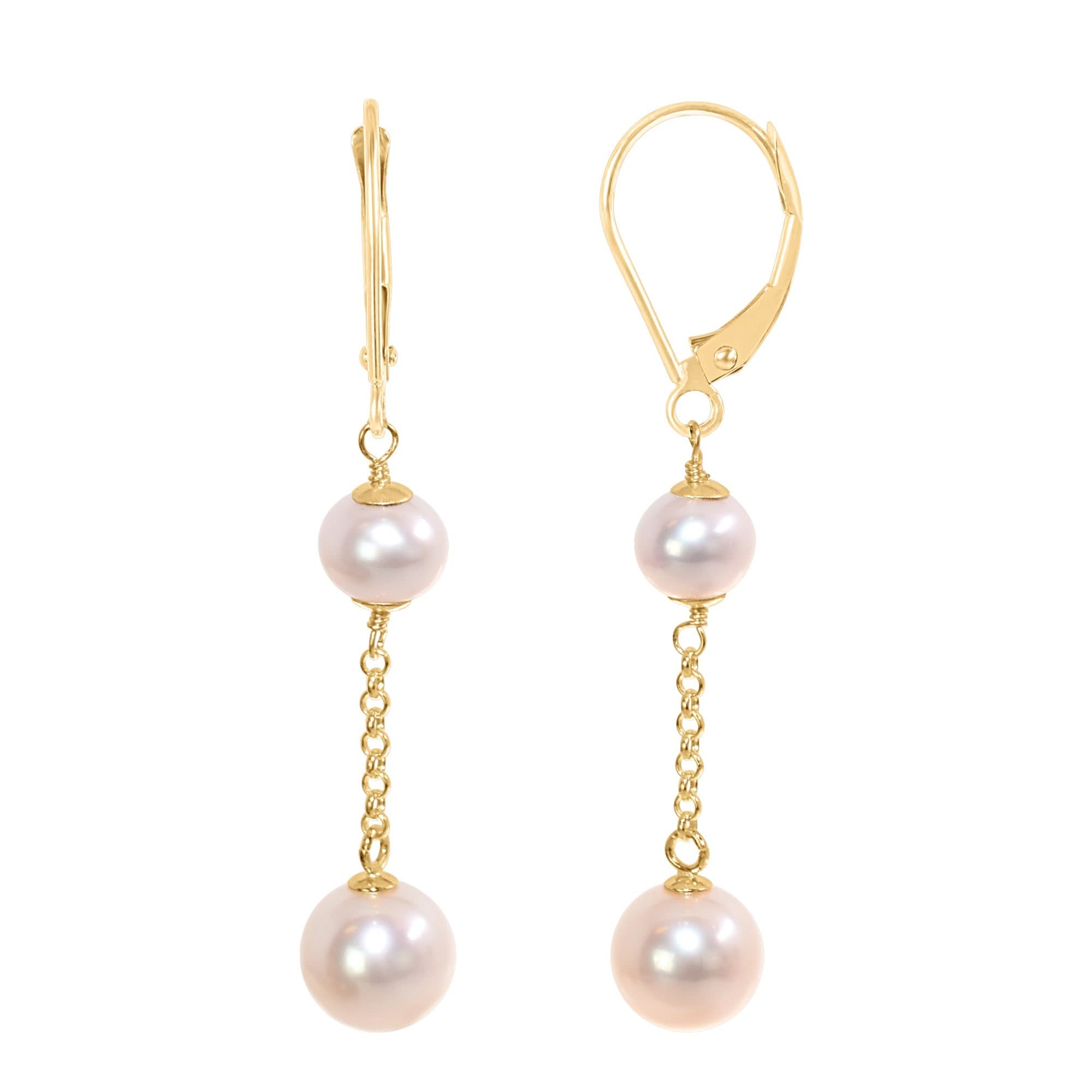 14k White Freshwater Pearl Gold Chain Drop Leverback Earring