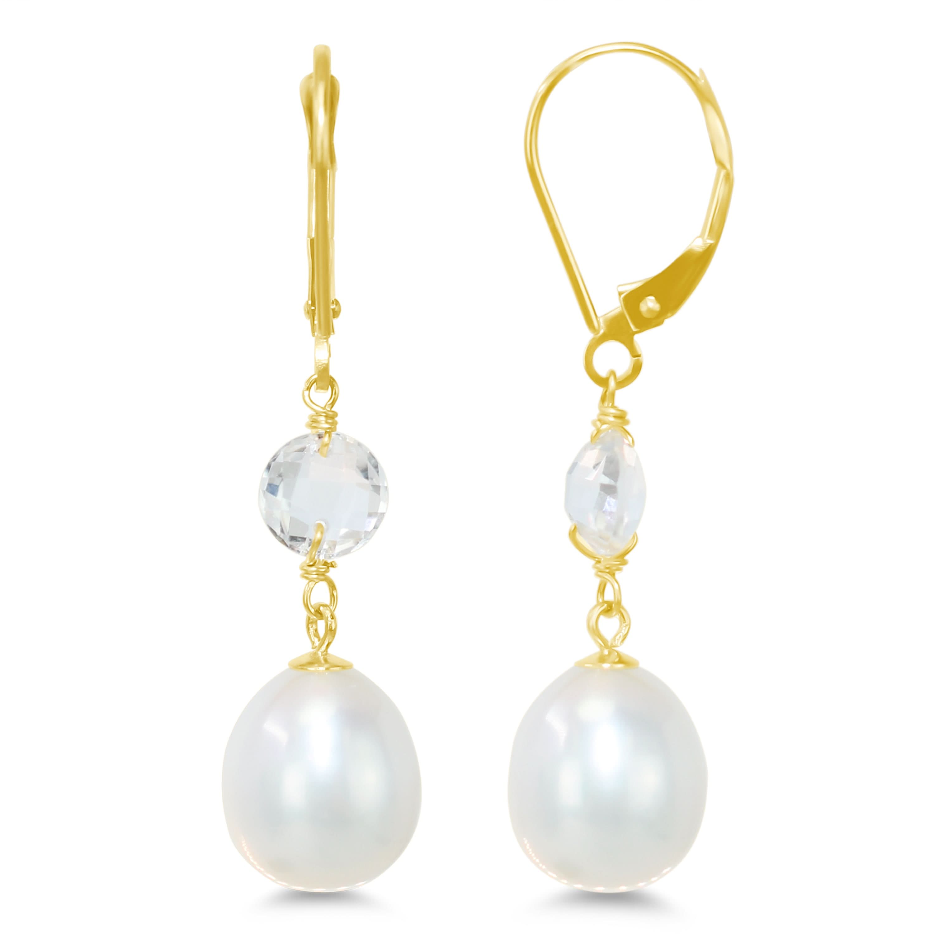 14k Gemstone & White Freshwater Pearl Leverback Earring