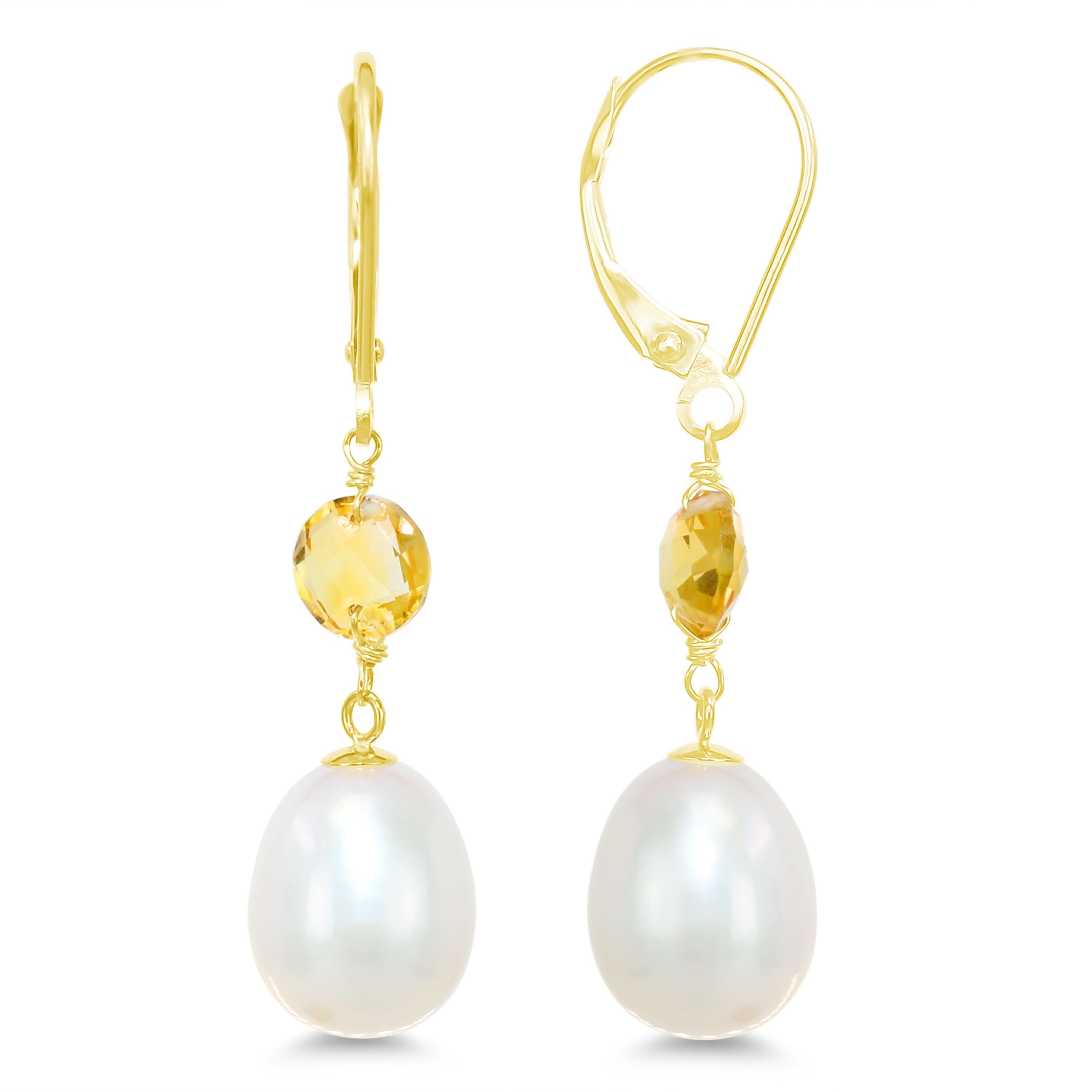 14k Gemstone & White Freshwater Pearl Leverback Earring