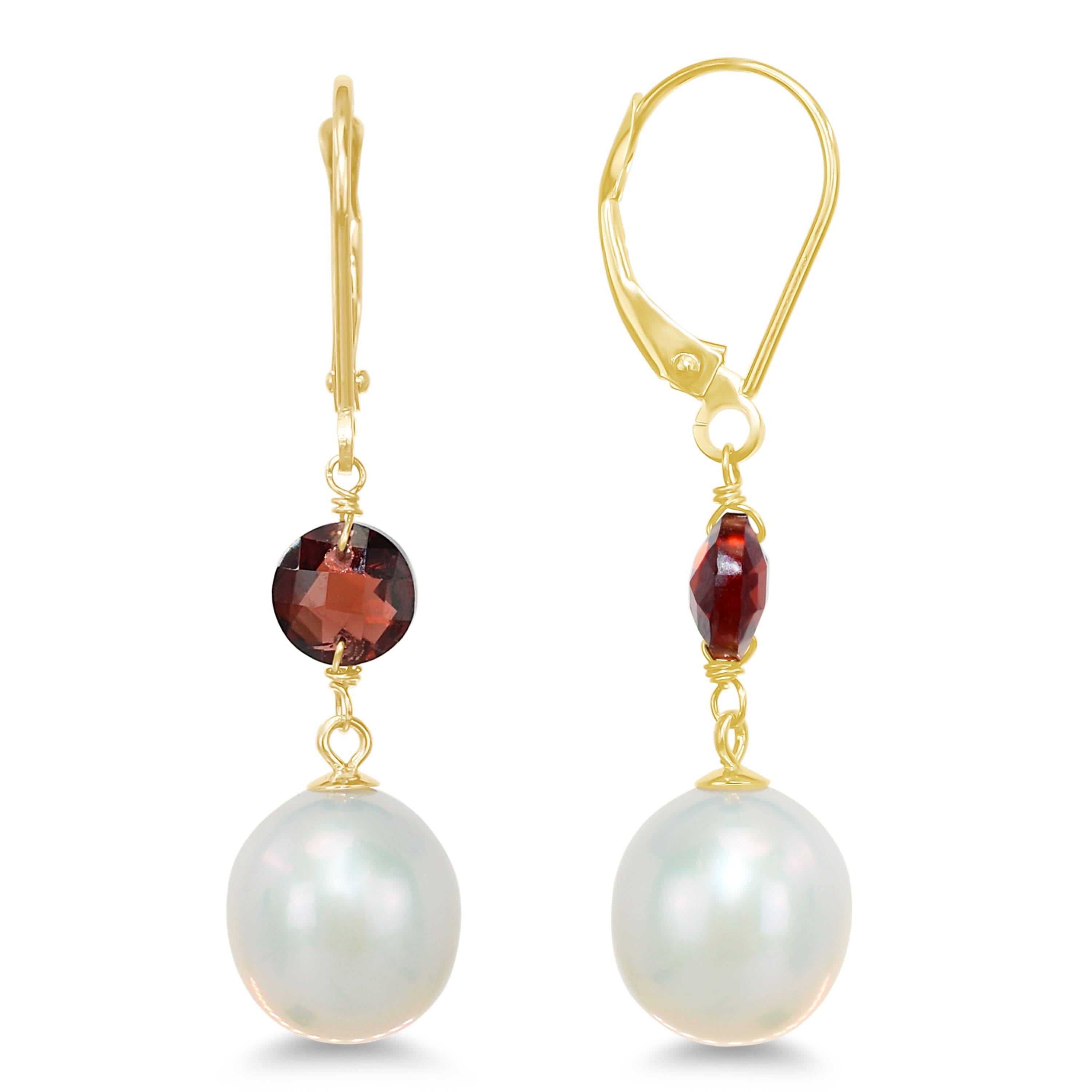 14k Gemstone & White Freshwater Pearl Leverback Earring