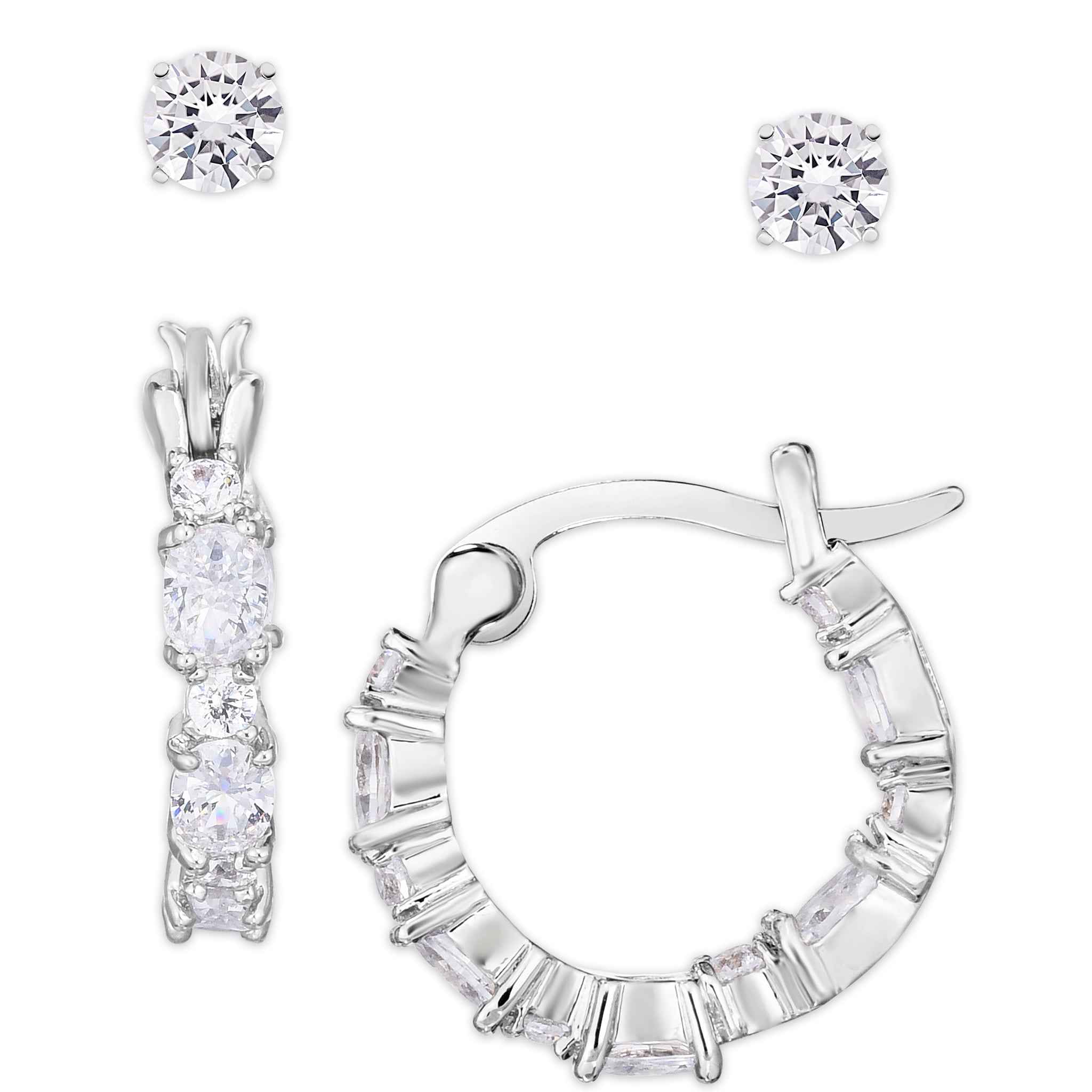 Silver Plated Cubic Zirconia Hoop & Stud Earring Set - chicjewelry4u.com