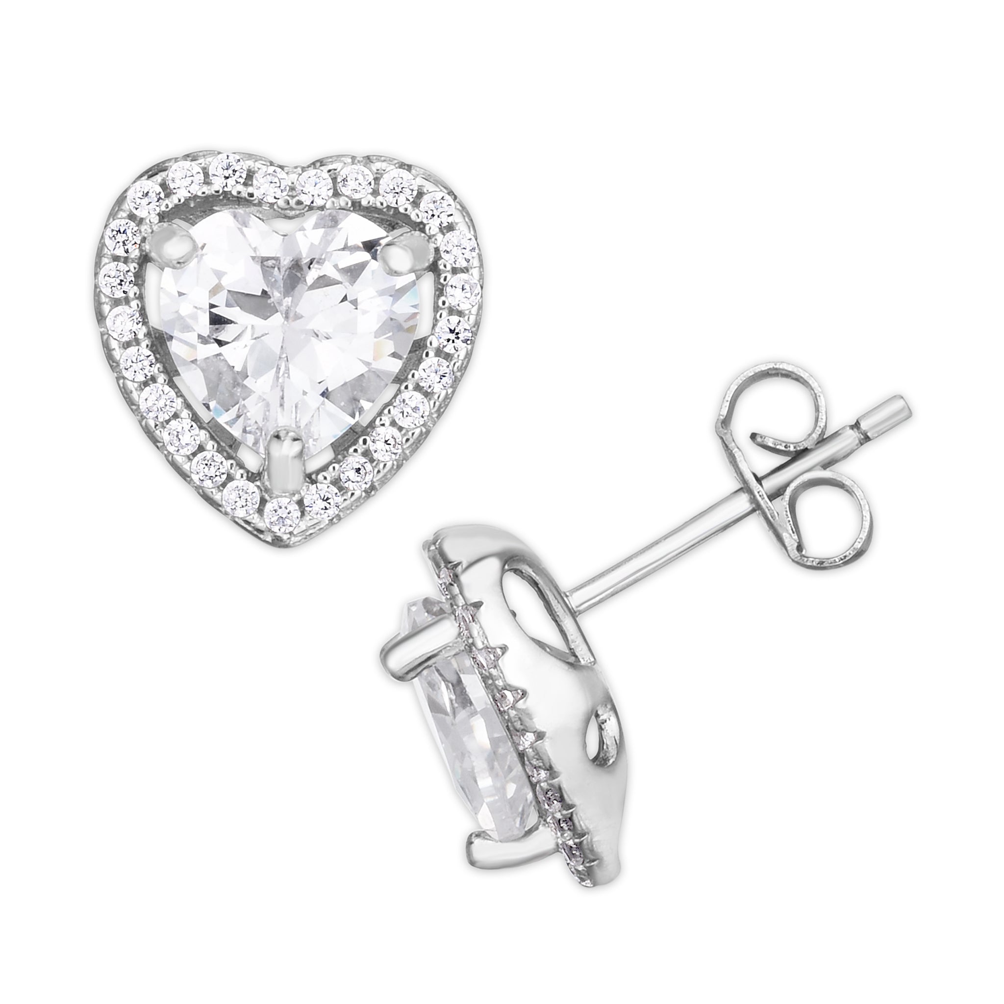 Silver Plated Cubic Zirconia Heart Stud Earrings - chicjewelry4u.com