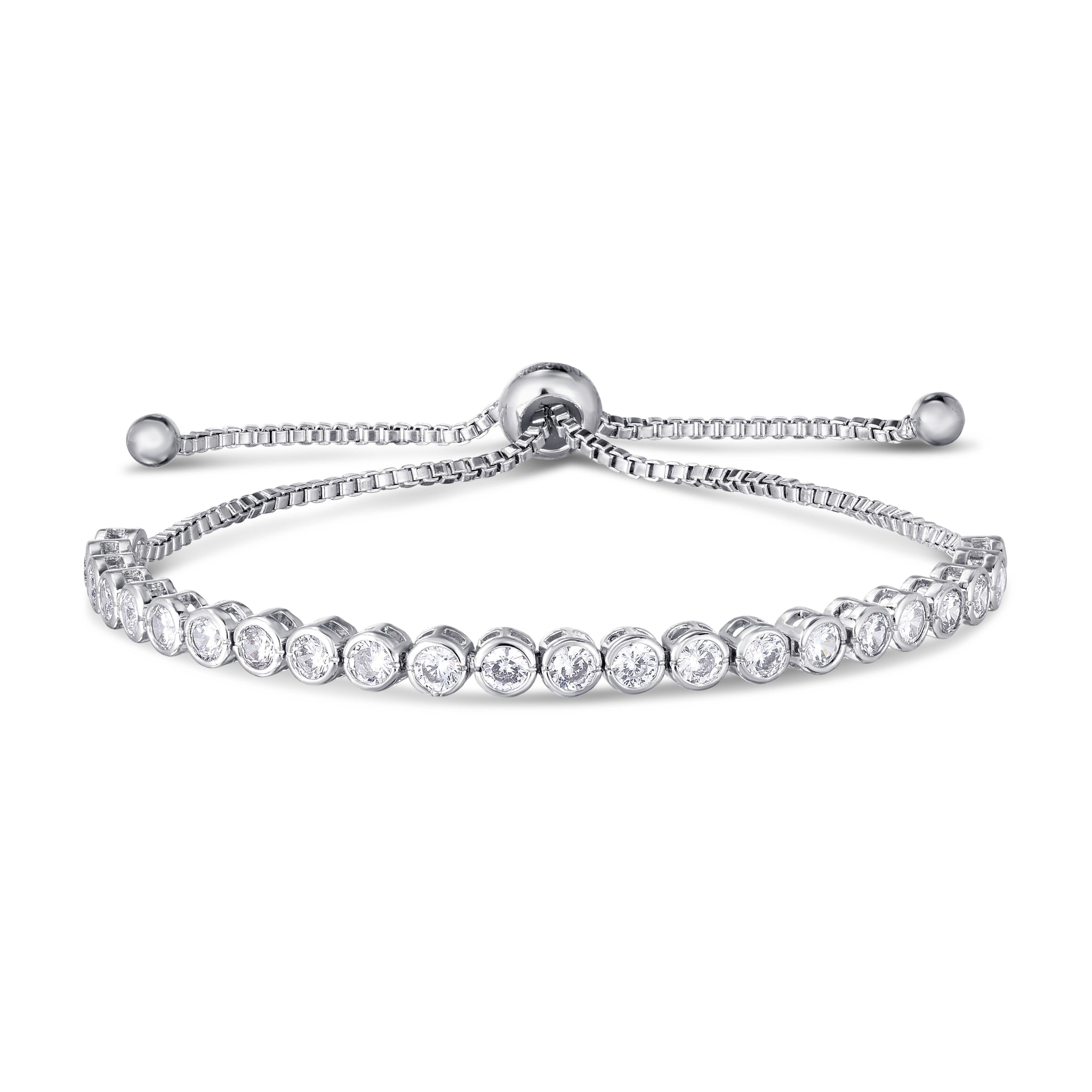 Silver-Plated Cubic Zirconia Round Bezel Adjustable Bracelet - chicjewelry4u.com