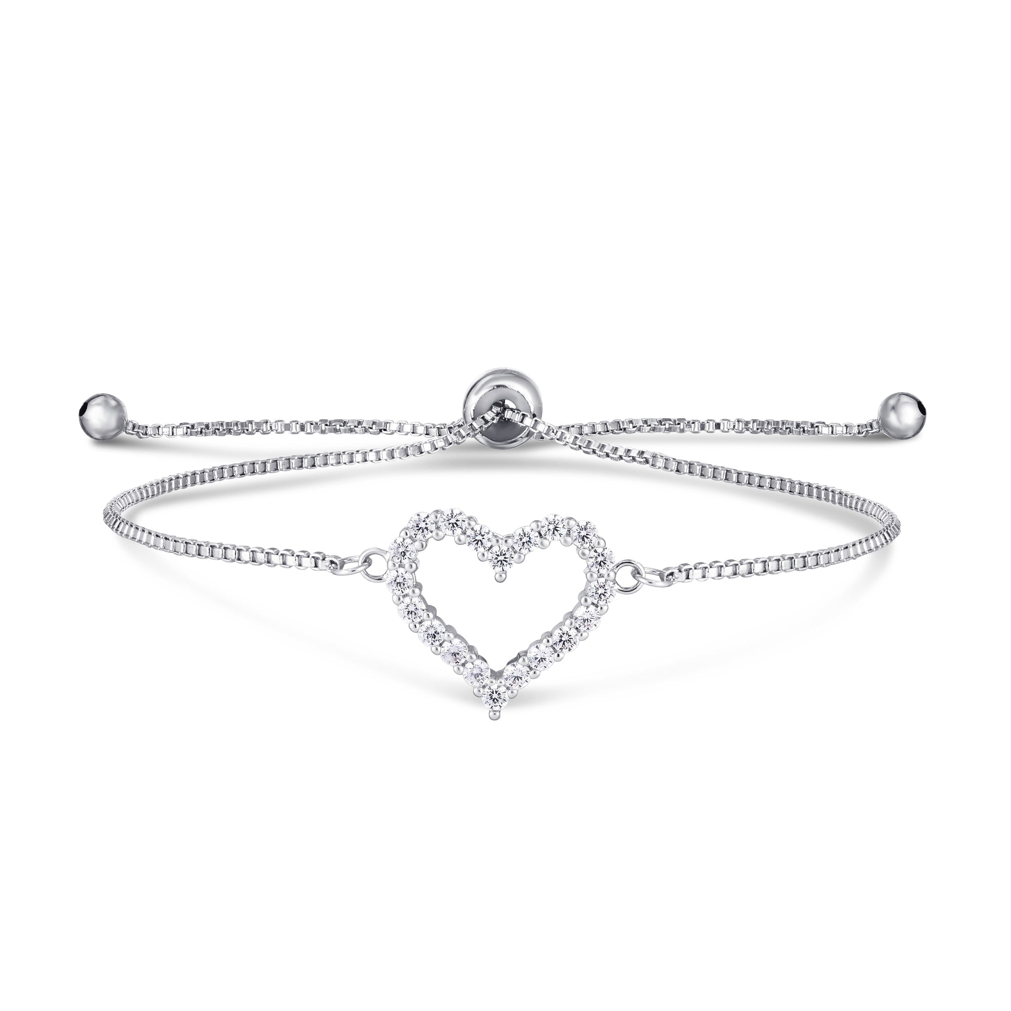 Silver-Plated Cubic Zirconia Open Heart Adjustable Bracelet - chicjewelry4u.com