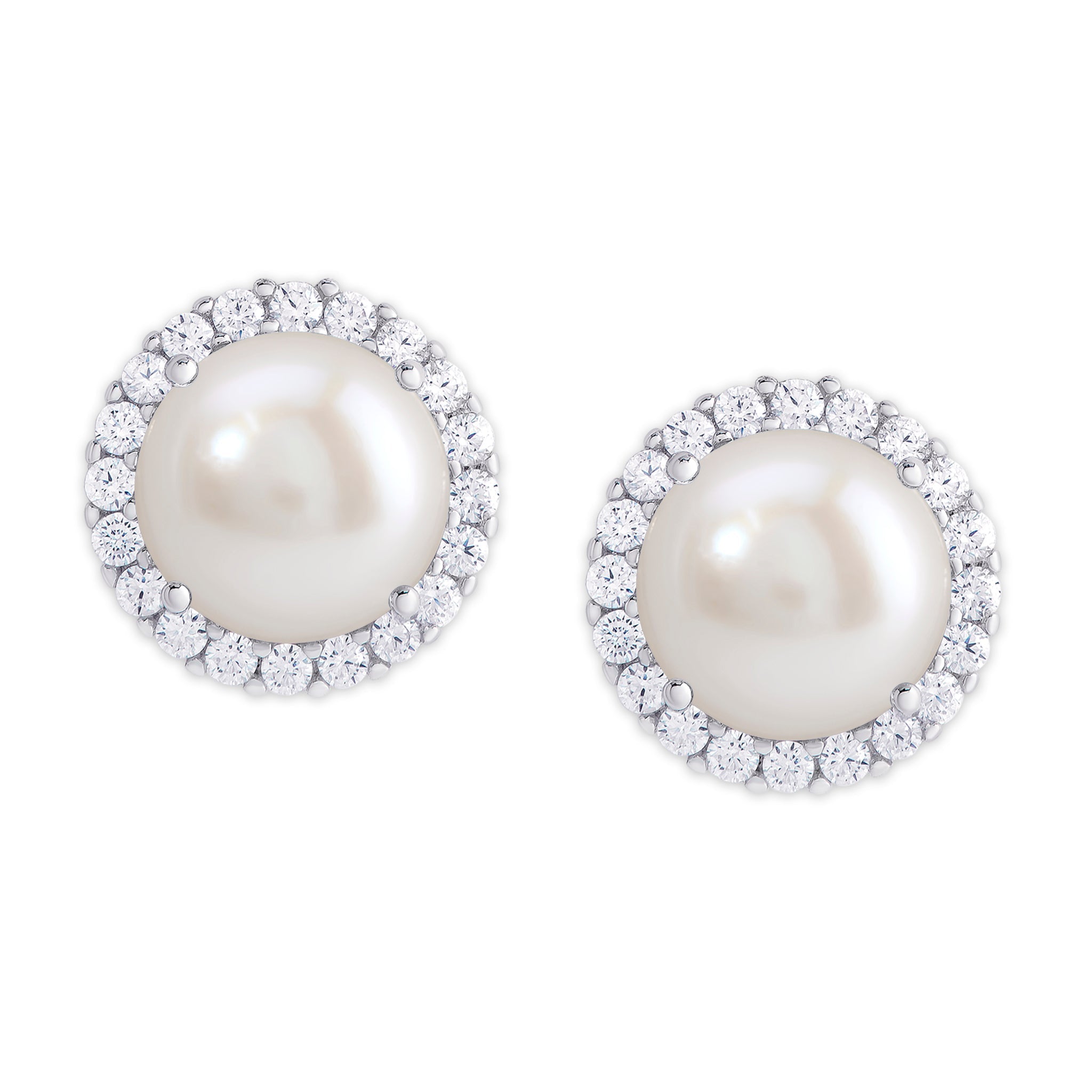 Silver Plated Round Simulated Pearl & CZ Halo Stud Earrings - chicjewelry4u.com