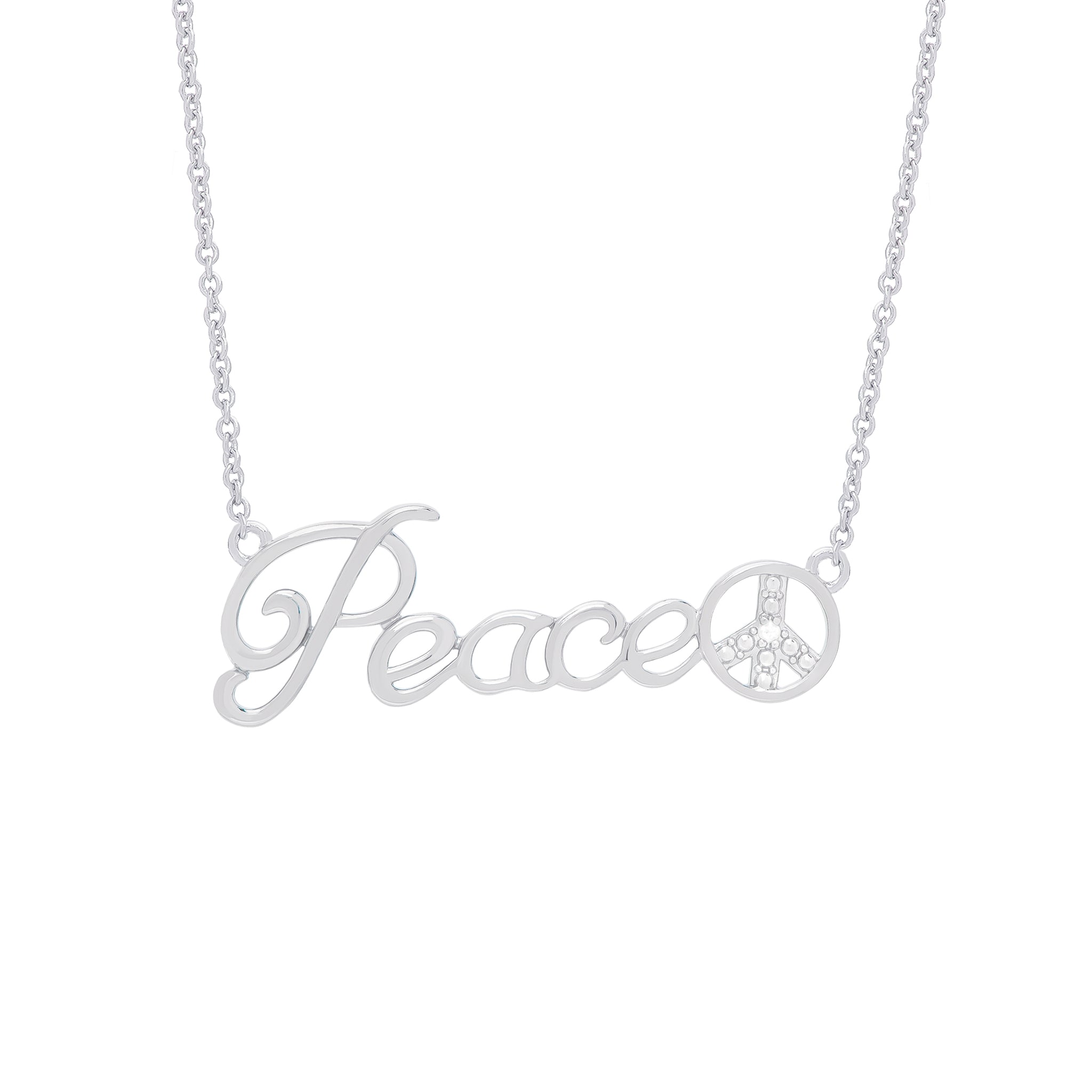 Diamond Accent PEACE and SIGN 18'' Necklace in Fine Silver Plated - chicjewelry4u.com