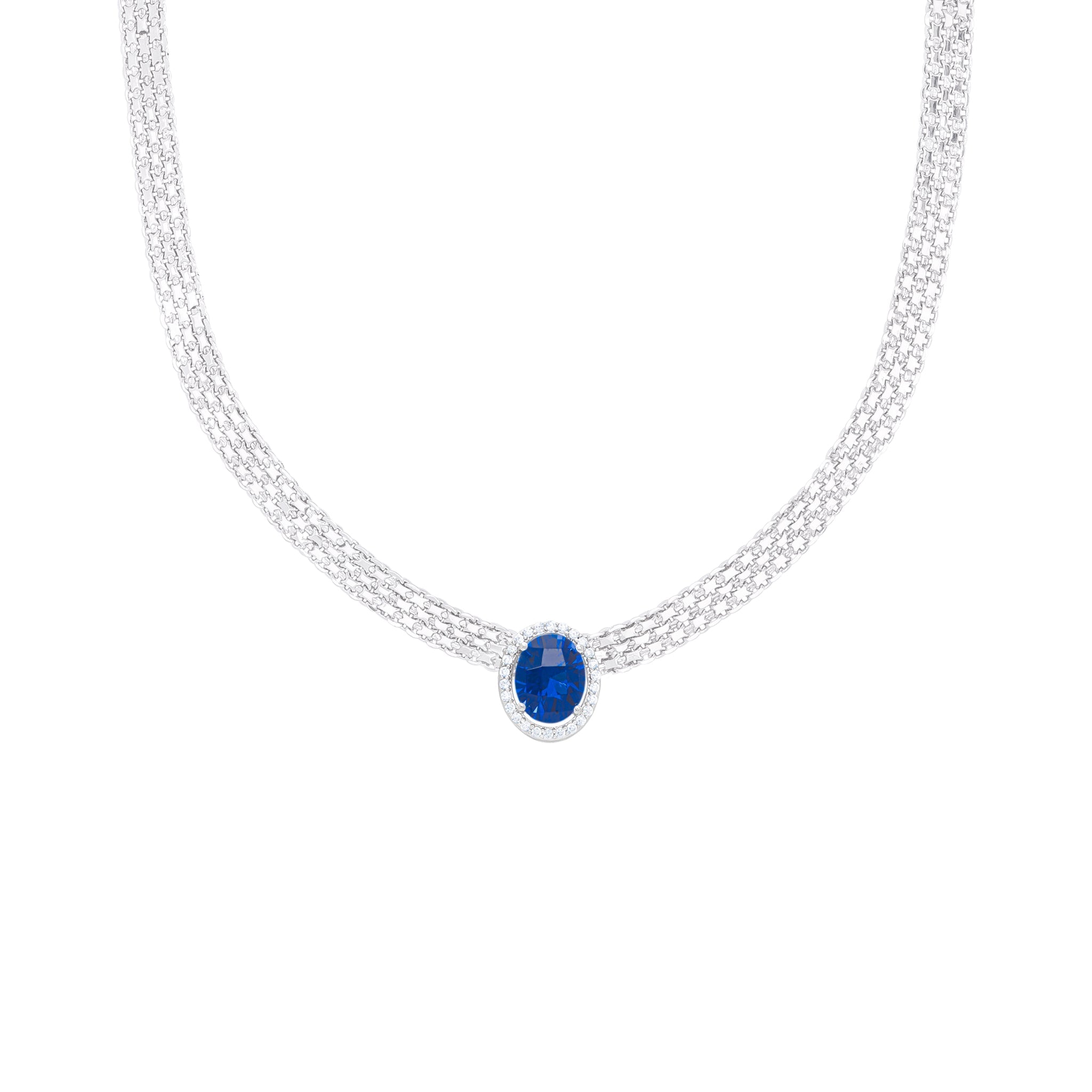 Simulated Sapphire and Cubic Zirconia Oval Bizmark 18'' Necklace in Fine Silver Plate - chicjewelry4u.com