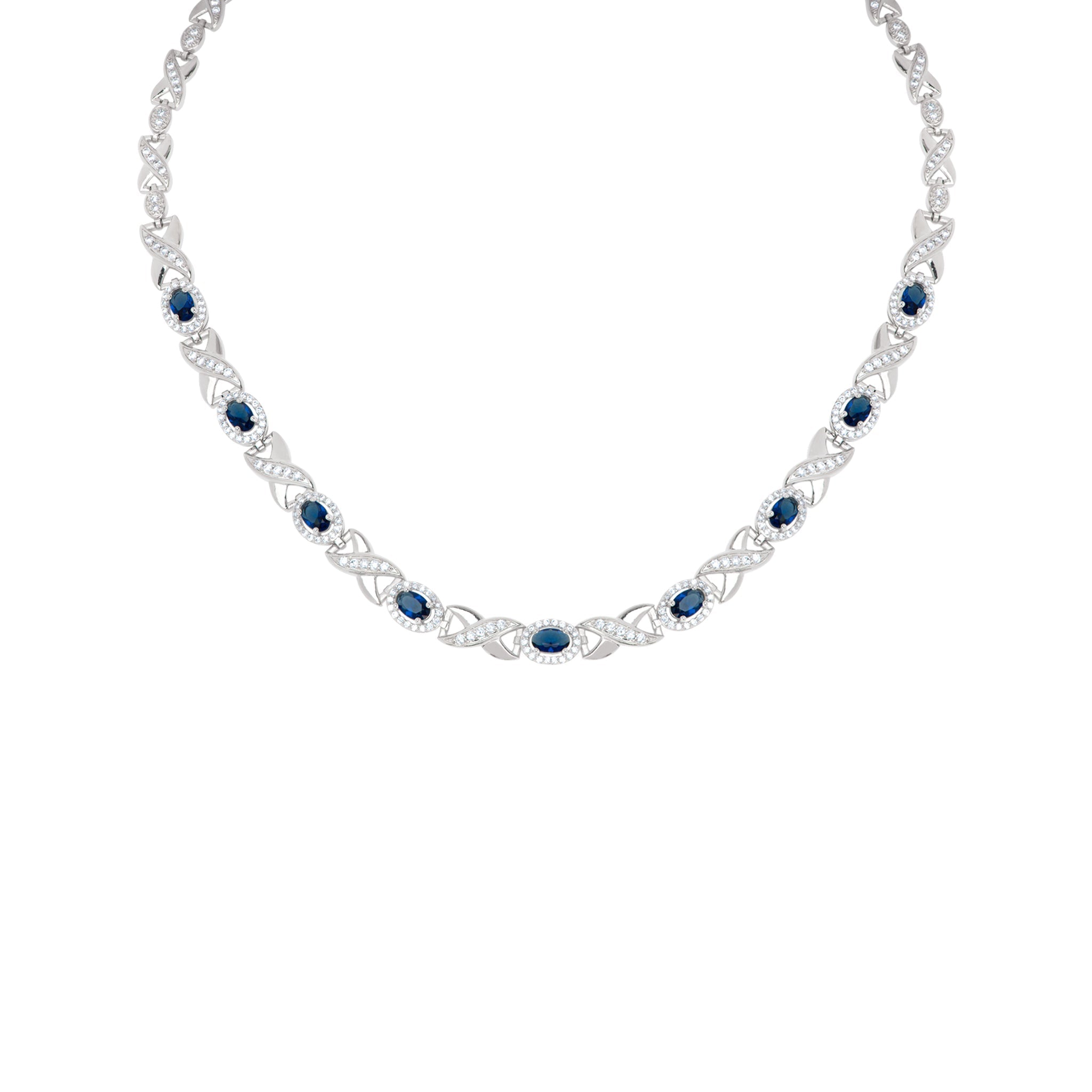 Simulated Sapphire and Cubic Zirconia Oval XO Frontal 18'' Necklace in Fine Silver Plate - chicjewelry4u.com