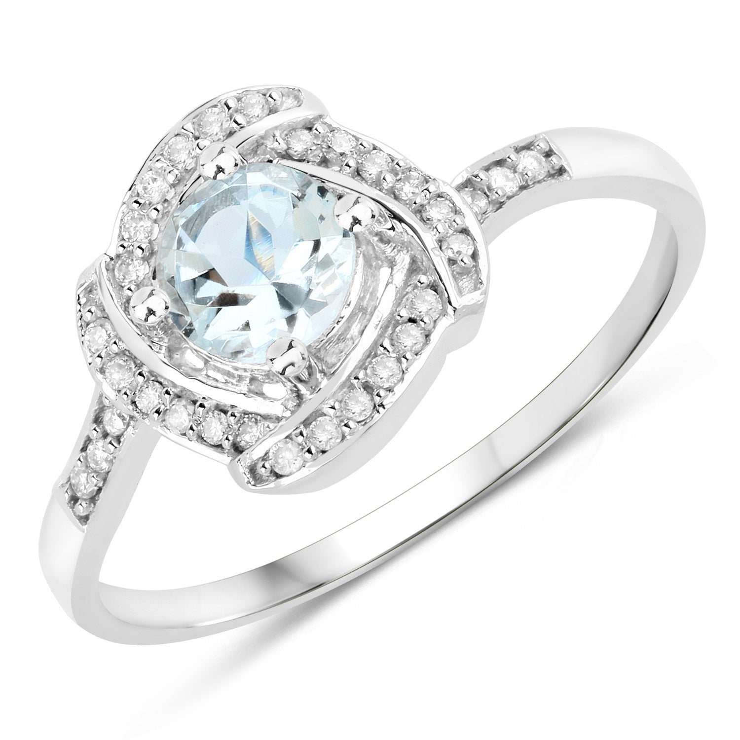 Genuine Aquamarine and White Diamond 14K White Gold Ring