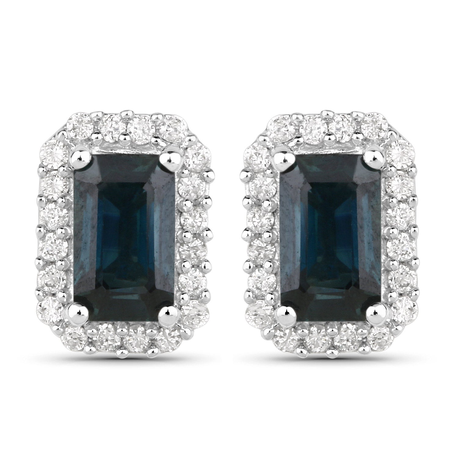 Genuine Blue Sapphire and White Diamond 14K White Earrings