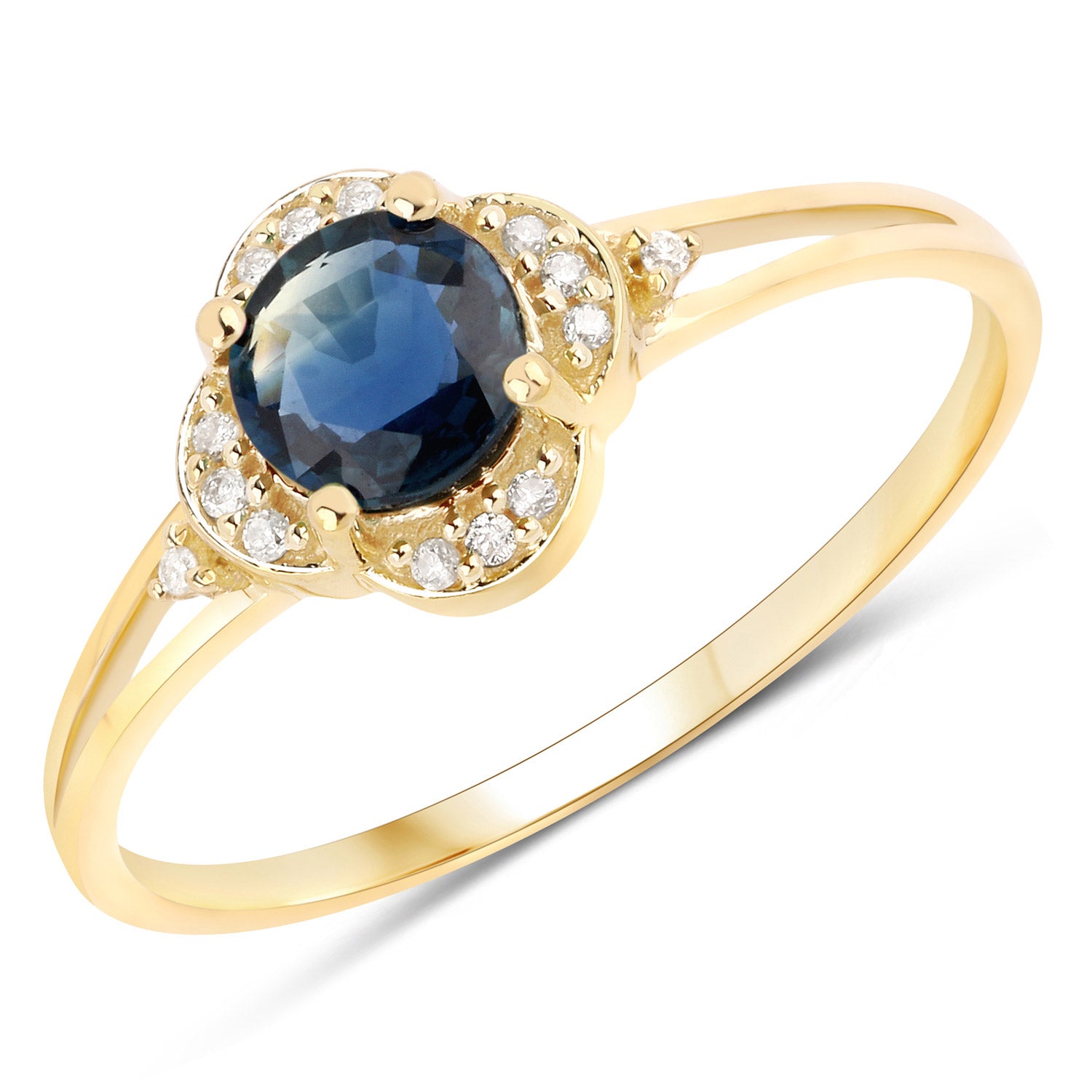 Genuine Blue Sapphire and White Diamond 14K Yellow Gold Ring