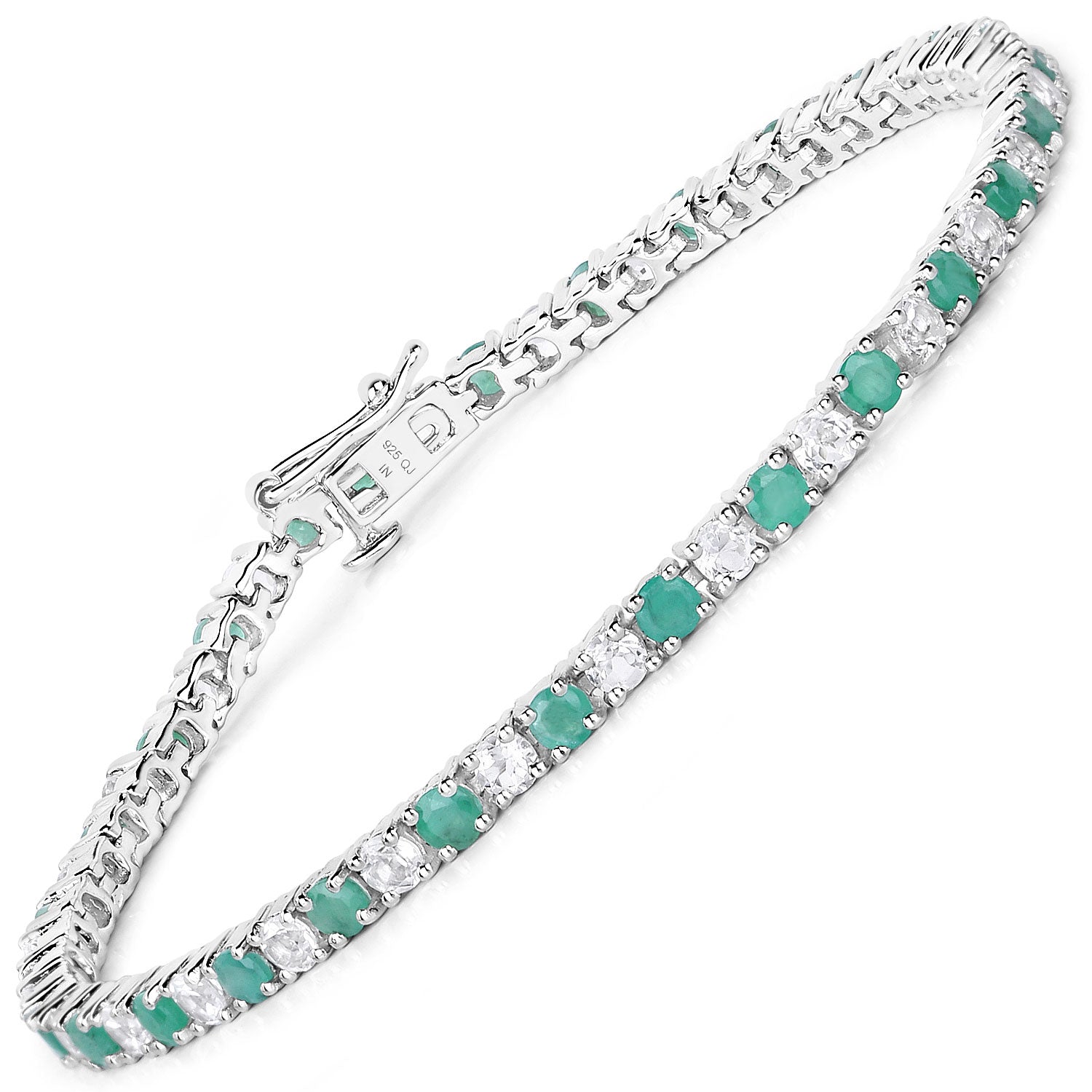 Genuine Emerald & White Topaz .925 Sterling Silver Bracelet