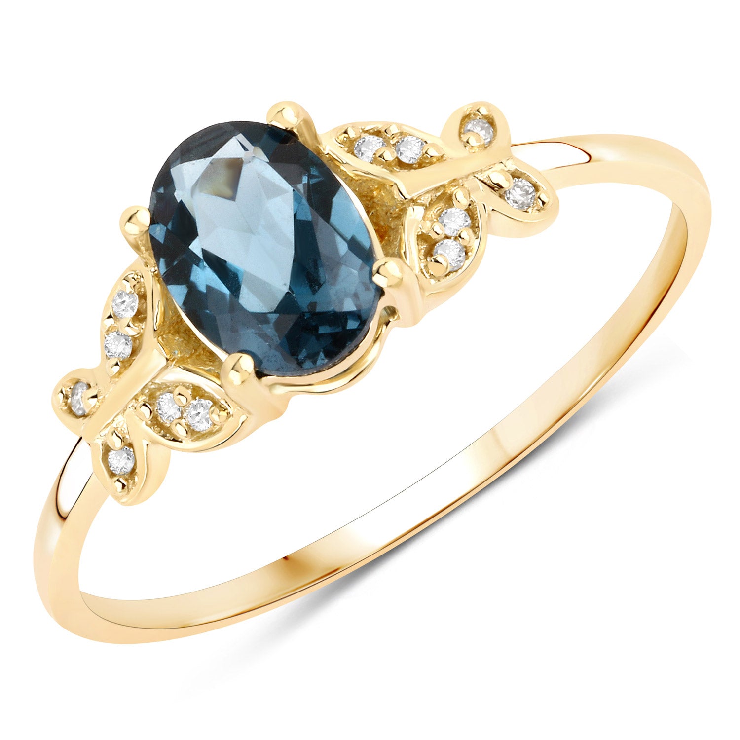 Genuine London Blue Topaz and White Diamond 14K Yellow Ring