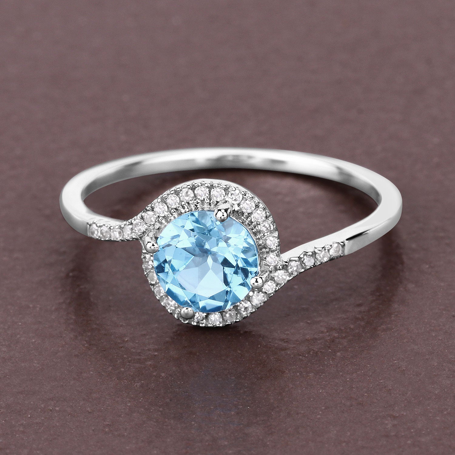 Genuine Swiss Blue Topaz & White Diamond 14K White Gold Ring