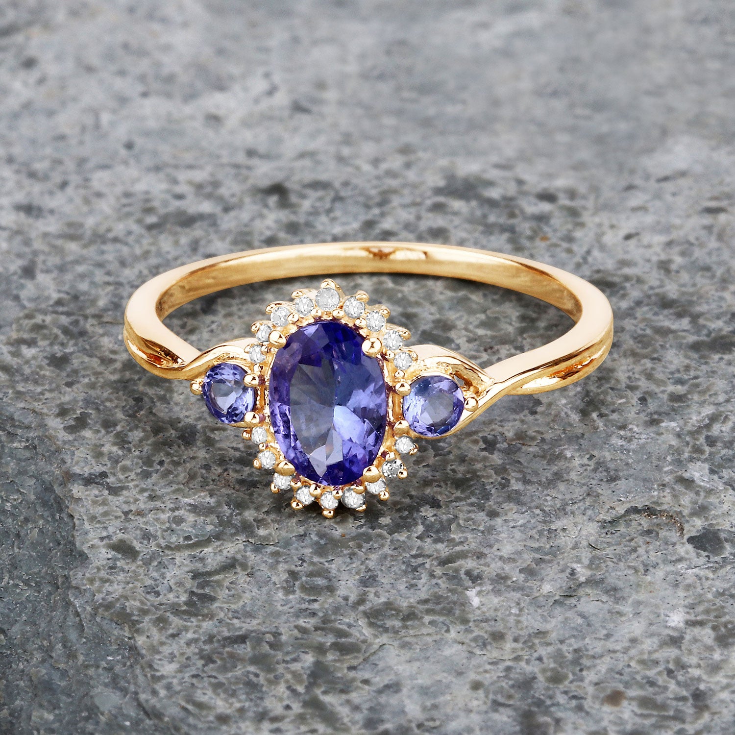 Genuine Tanzanite and White Diamond 14K Yellow Gold Ring