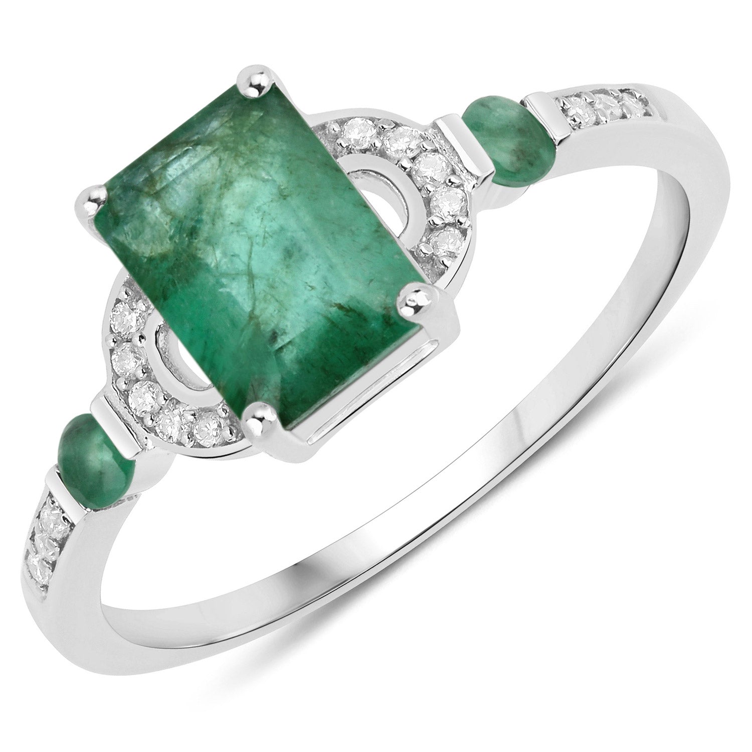 Genuine Zambian Emerald & White Diamond 14K White Gold Ring