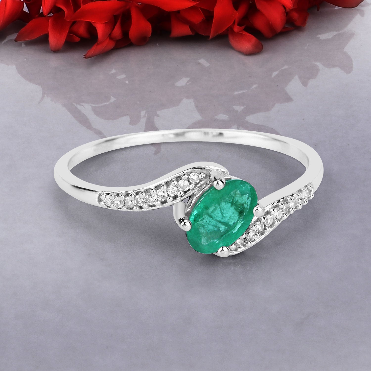 Genuine Zambian Emerald & White Diamond 14K White Gold Ring