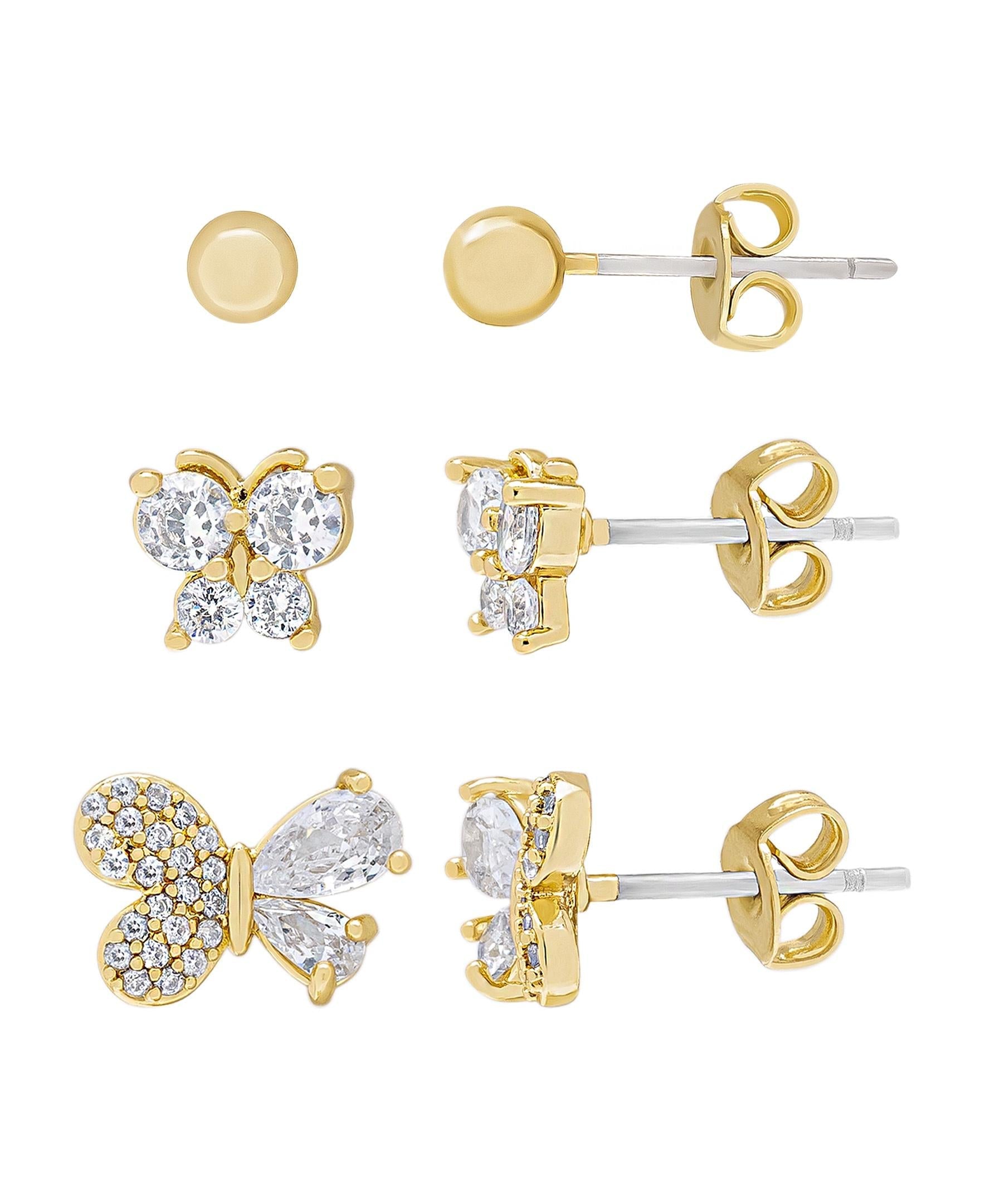 Gold Plated Ball, Cubic Zirconia Butterfly & Pave Butterfly 3PC Stud Set Earrings