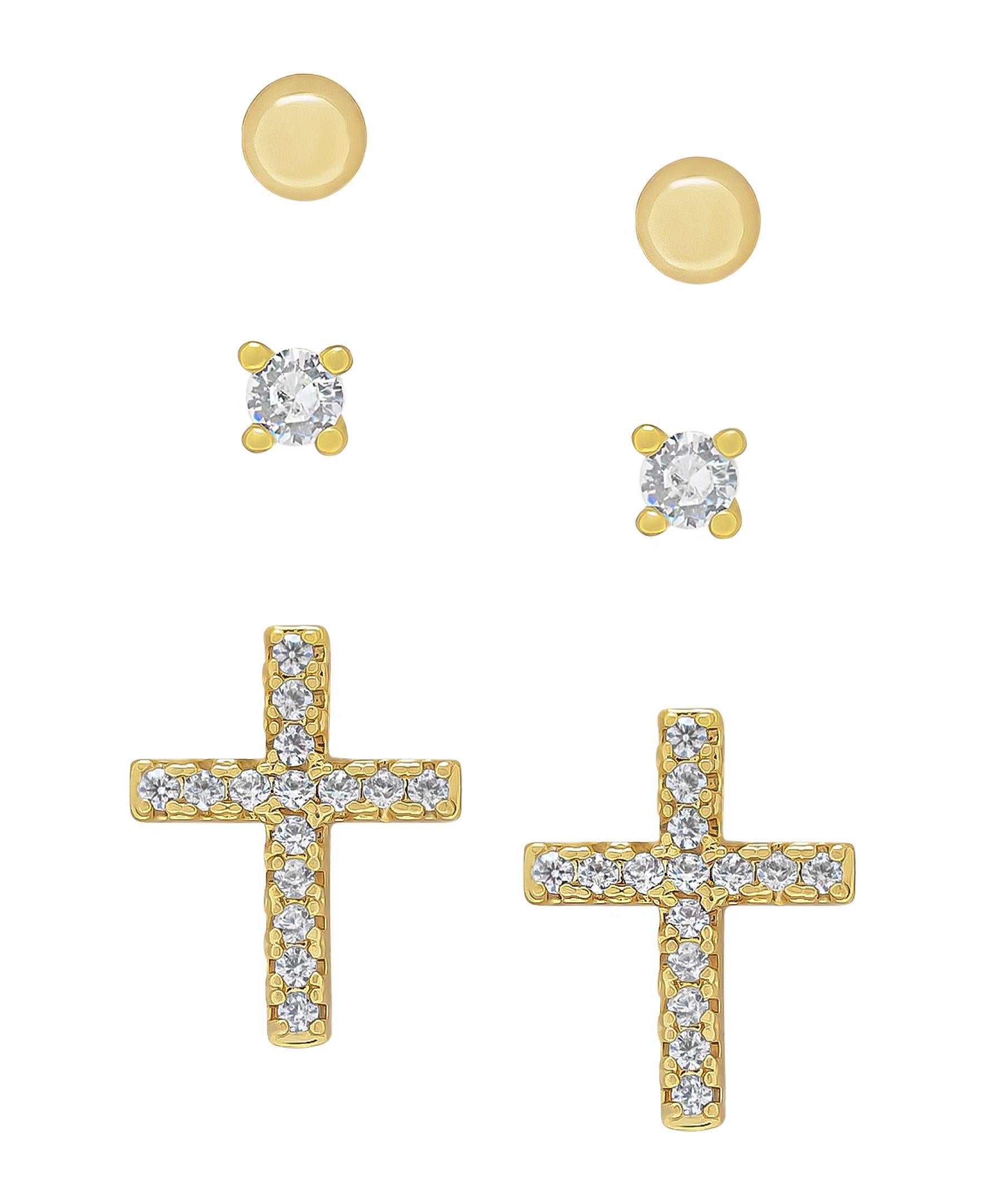 Gold Plated Ball, Cubic Zirconia Round & Cross Stud Set Earrings