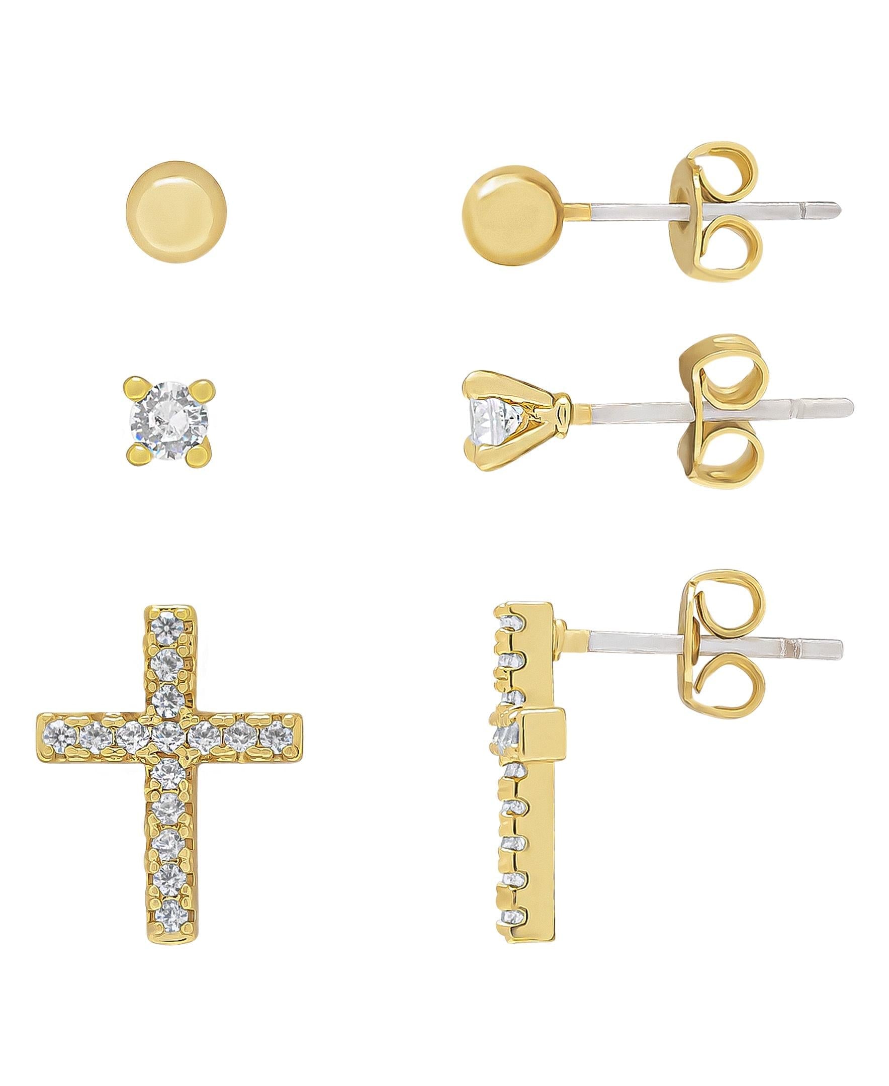 Gold Plated Ball, Cubic Zirconia Round & Cross Stud Set Earrings
