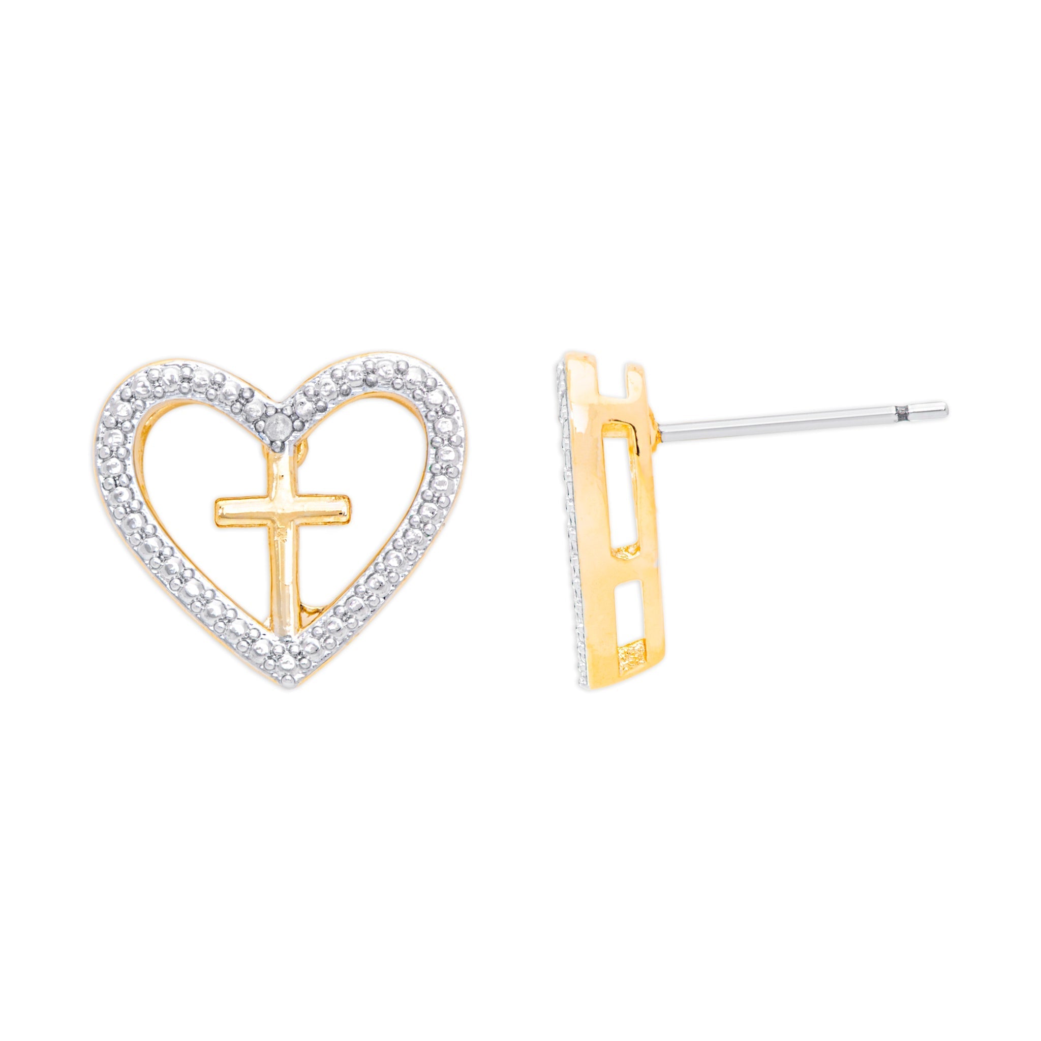 Gold Plated Diamond Accent Cross in Heart Stud Earrings