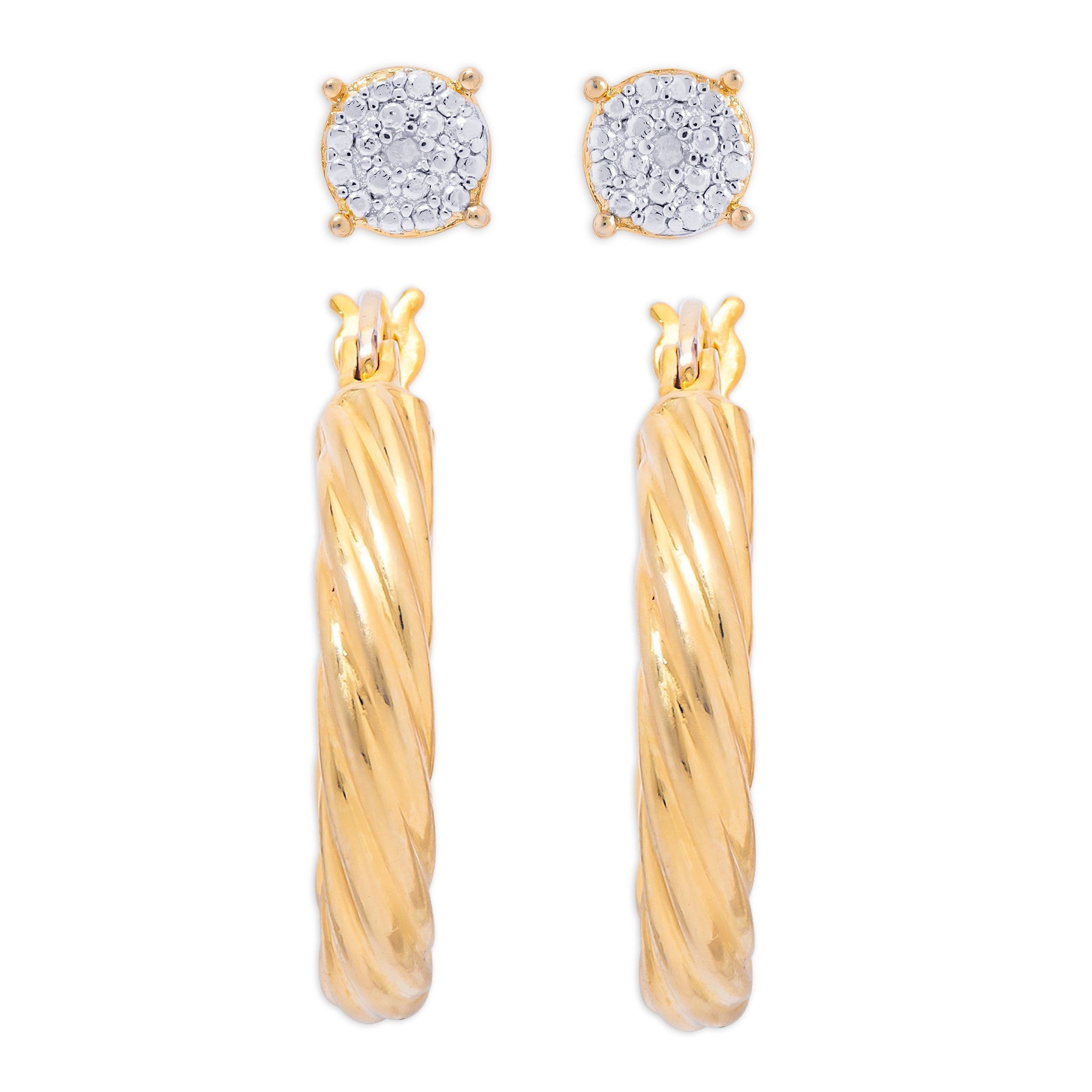 Gold Plated Diamond Accent Stud & Hoop Earring Set