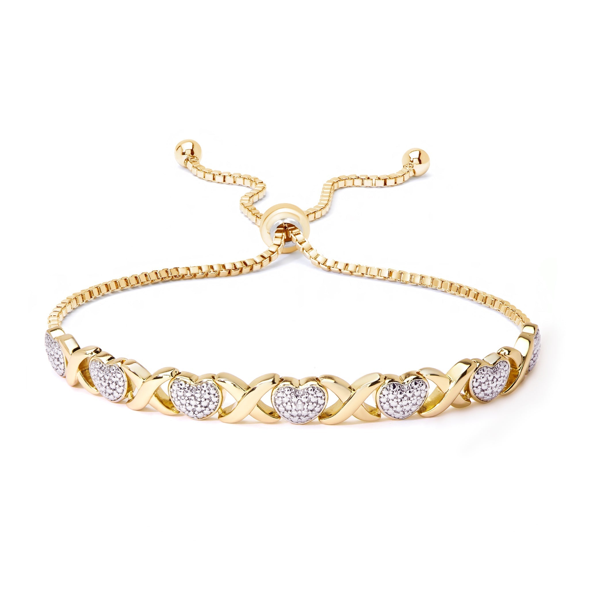 Gold Plated Diamond Accent "X" & Heart Adjustable Bracelet