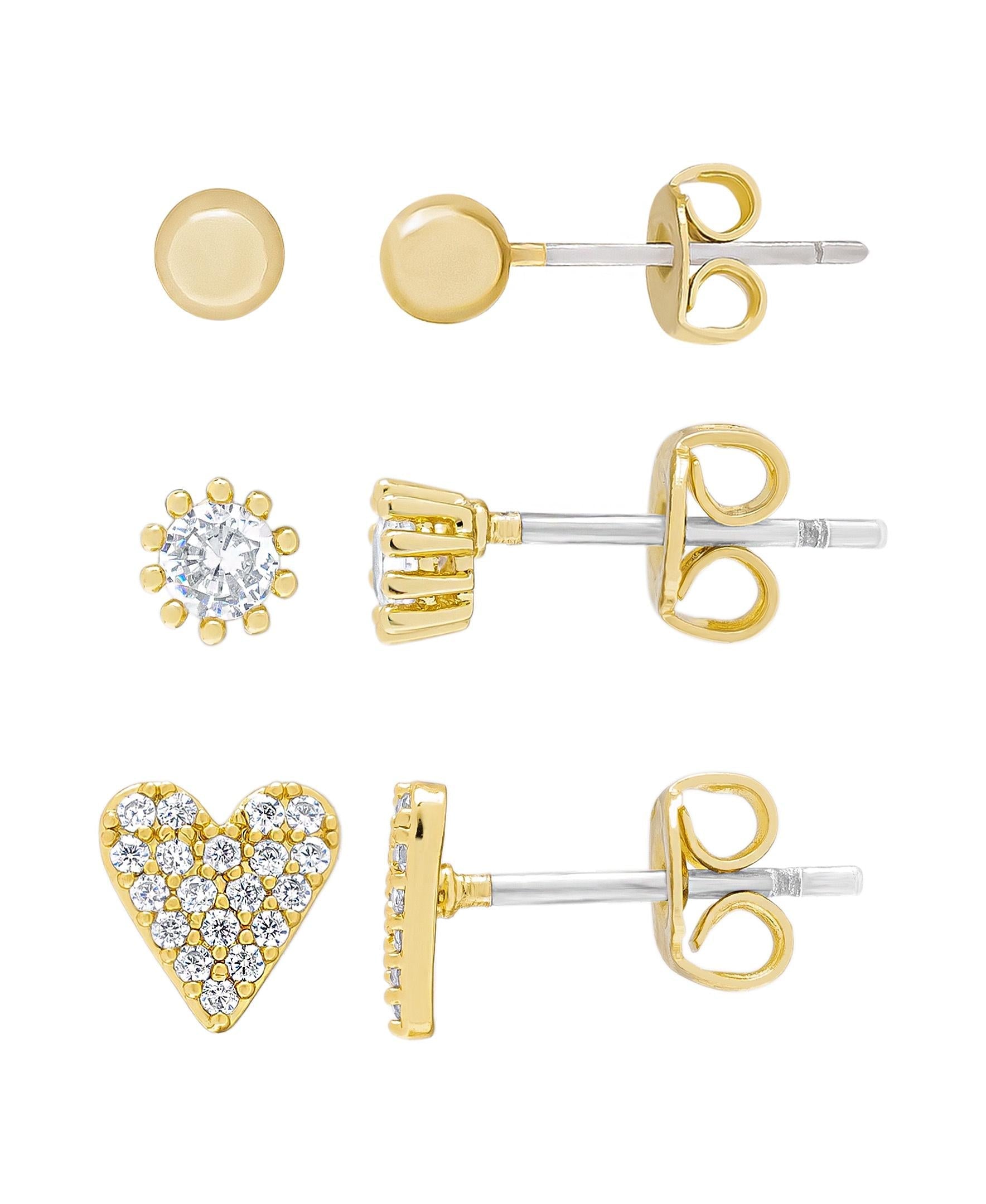 Gold Plated Rnd Cubic Zirconia, Pave Heart & Ball Stud 3PC Stud Set Earrings