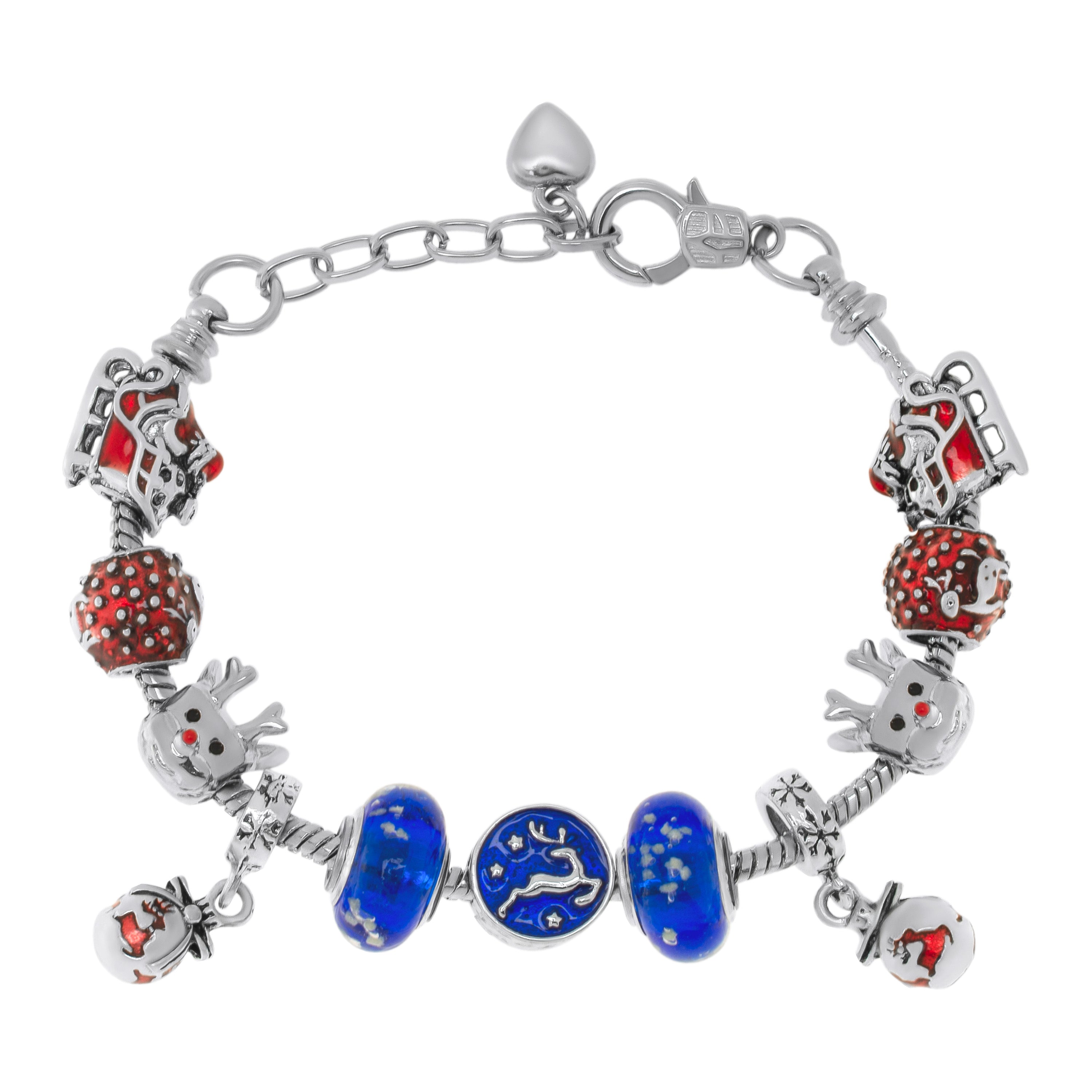 Silver Plated Red/Blue Christmas Charm Bracelet - chicjewelry4u.com