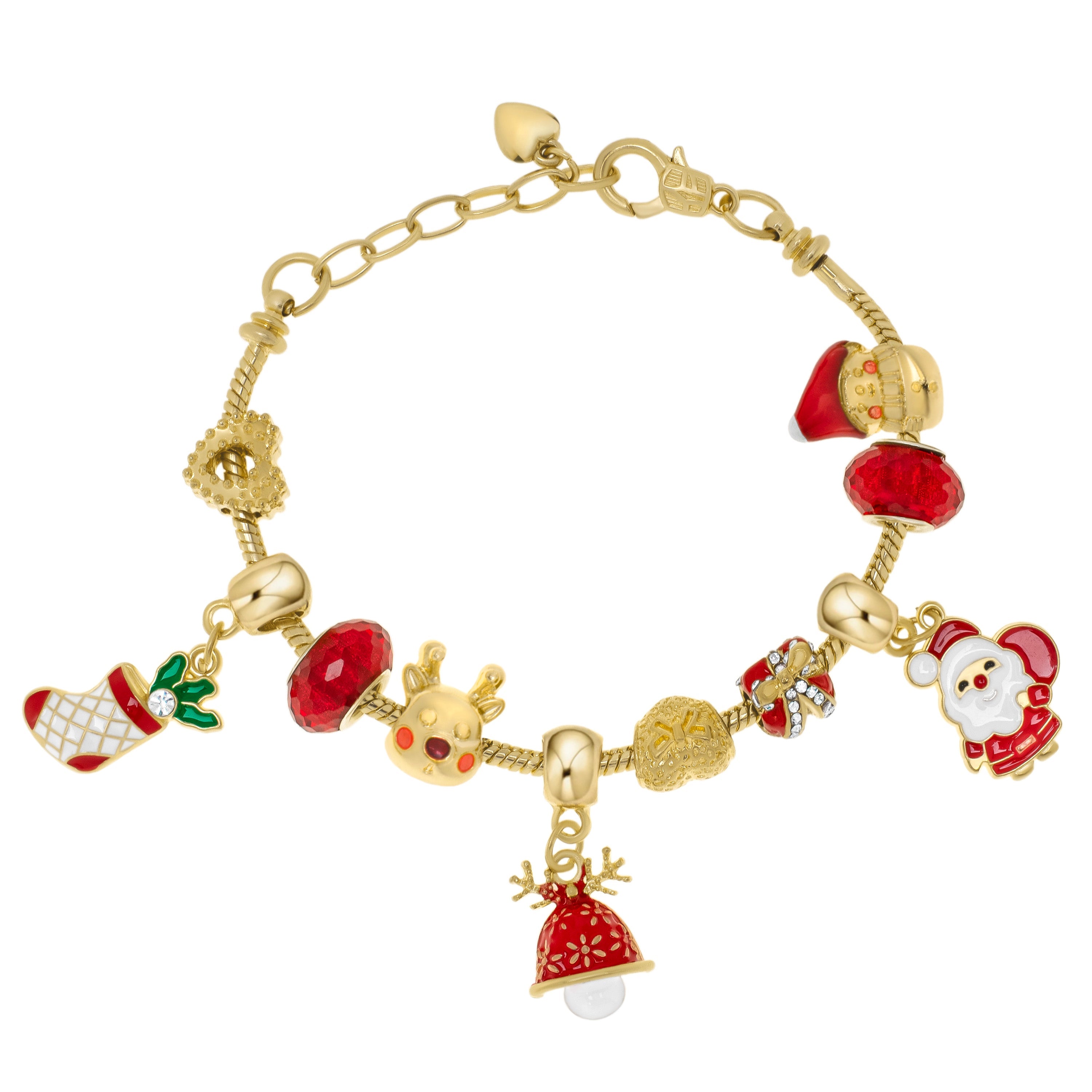 Gold Plated Crystal & Red Christmas Charm Bracelet - chicjewelry4u.com