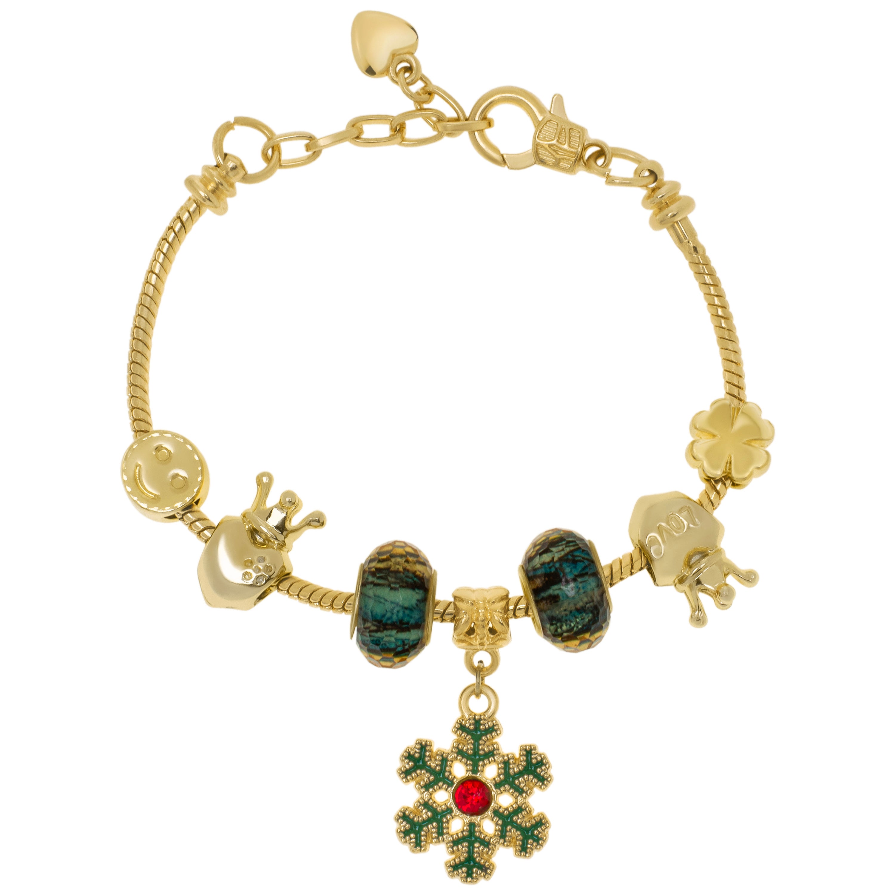 Gold Plated Simulated Ruby Snowflake Christmas Charm Bracelet - chicjewelry4u.com