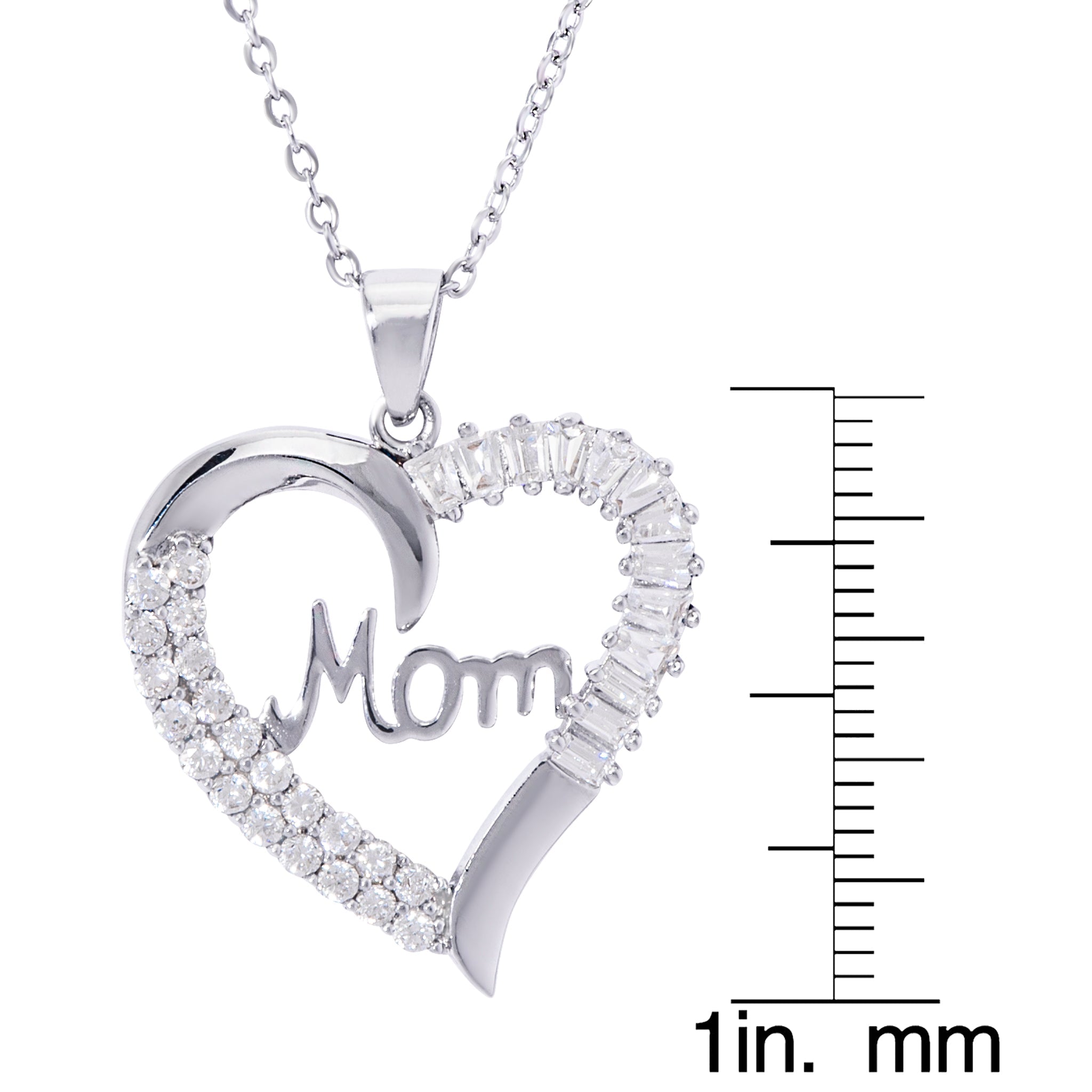 Silver Plated Cubic Zirconia Mom Baguette Heart Pendant With An 18" Chain
