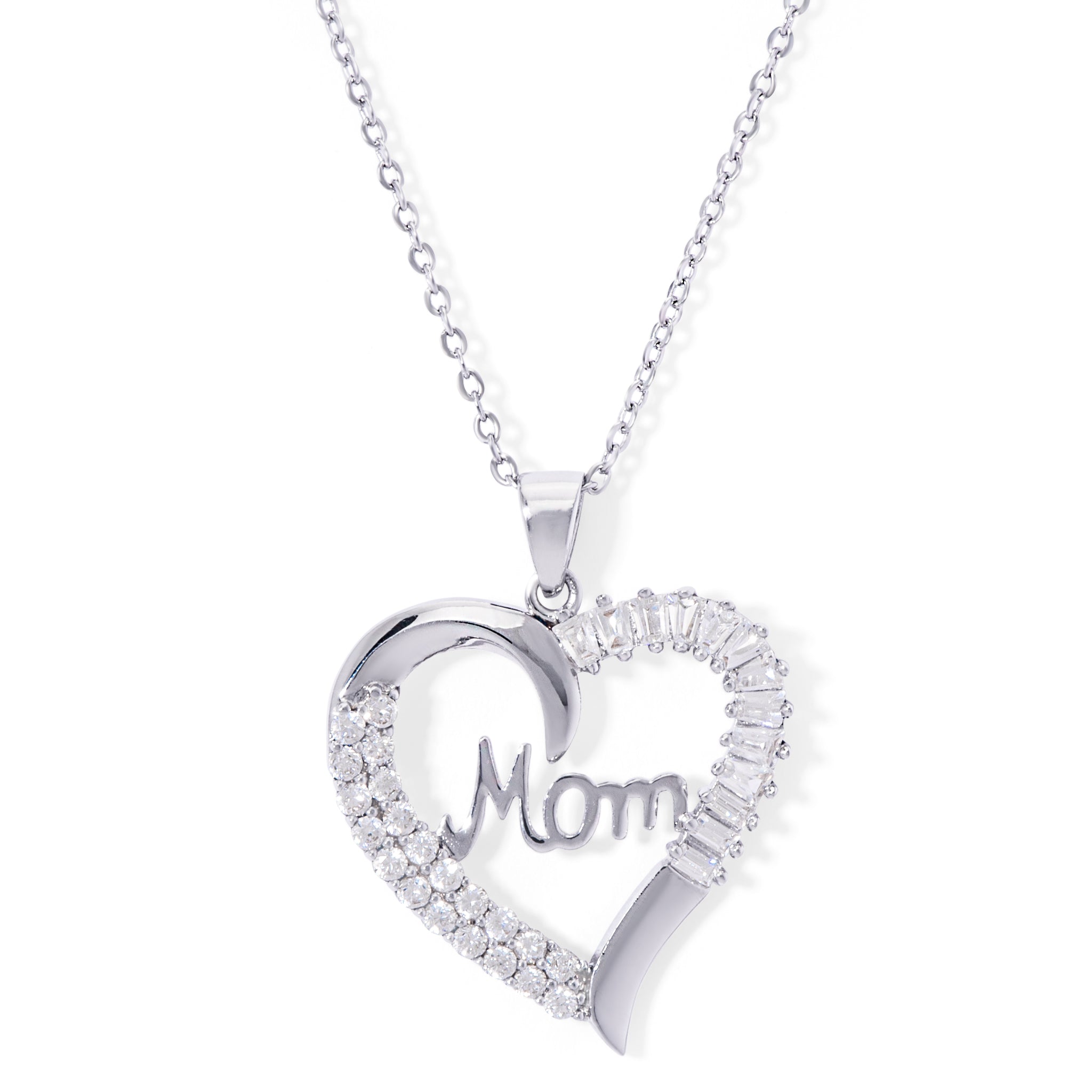 Silver Plated Cubic Zirconia Mom Baguette Heart Pendant With An 18' Chain - chicjewelry4u.com