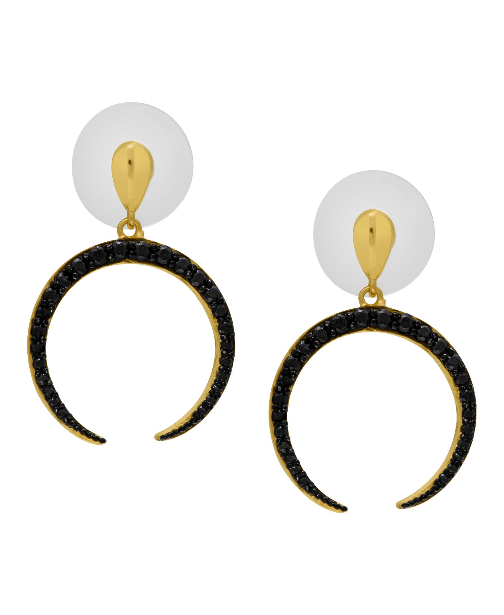 Yellow Gold Plated Black Cubic  Zirconia Sdeways Cresent Moon Drop Earrings