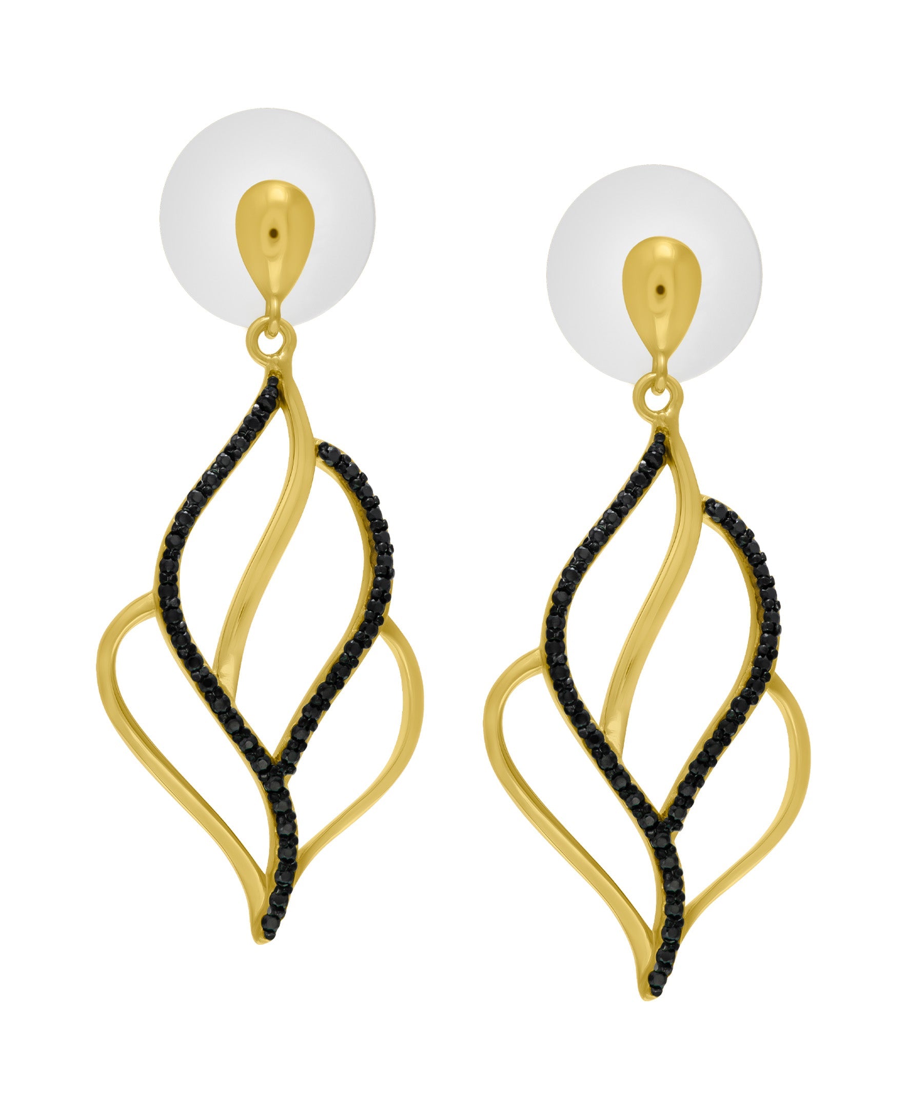 Yellow Gold Plated Black Cubic Zirconia Leaf Drop Earrings